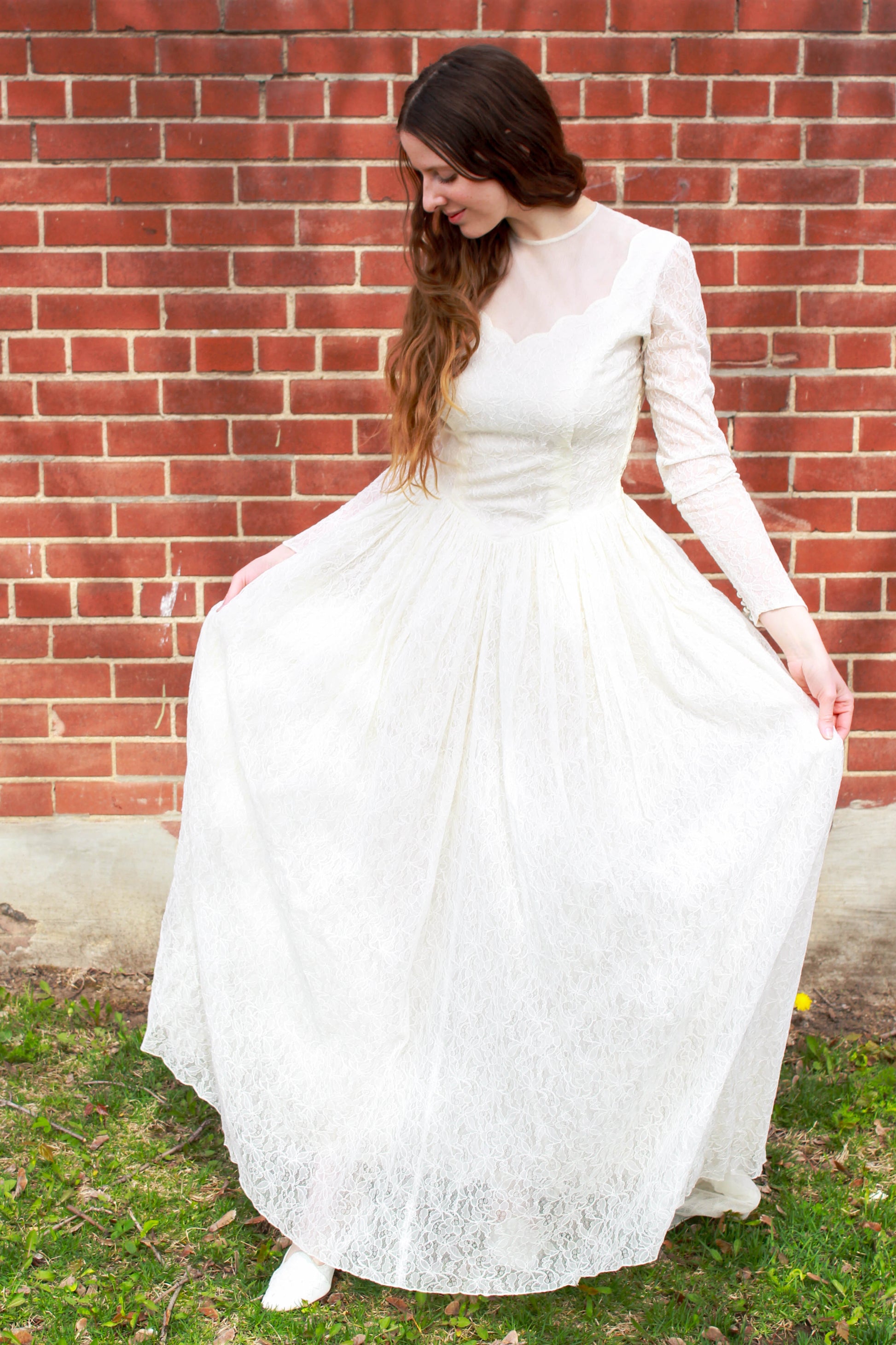 Vintage 1950s White Lace Long-Sleeve Wedding Dress, Small Ian Drummond Vintage Vintage 1950s White Lace Long-Sleeve Wedding Dress, Small Ian Drummond Vintage