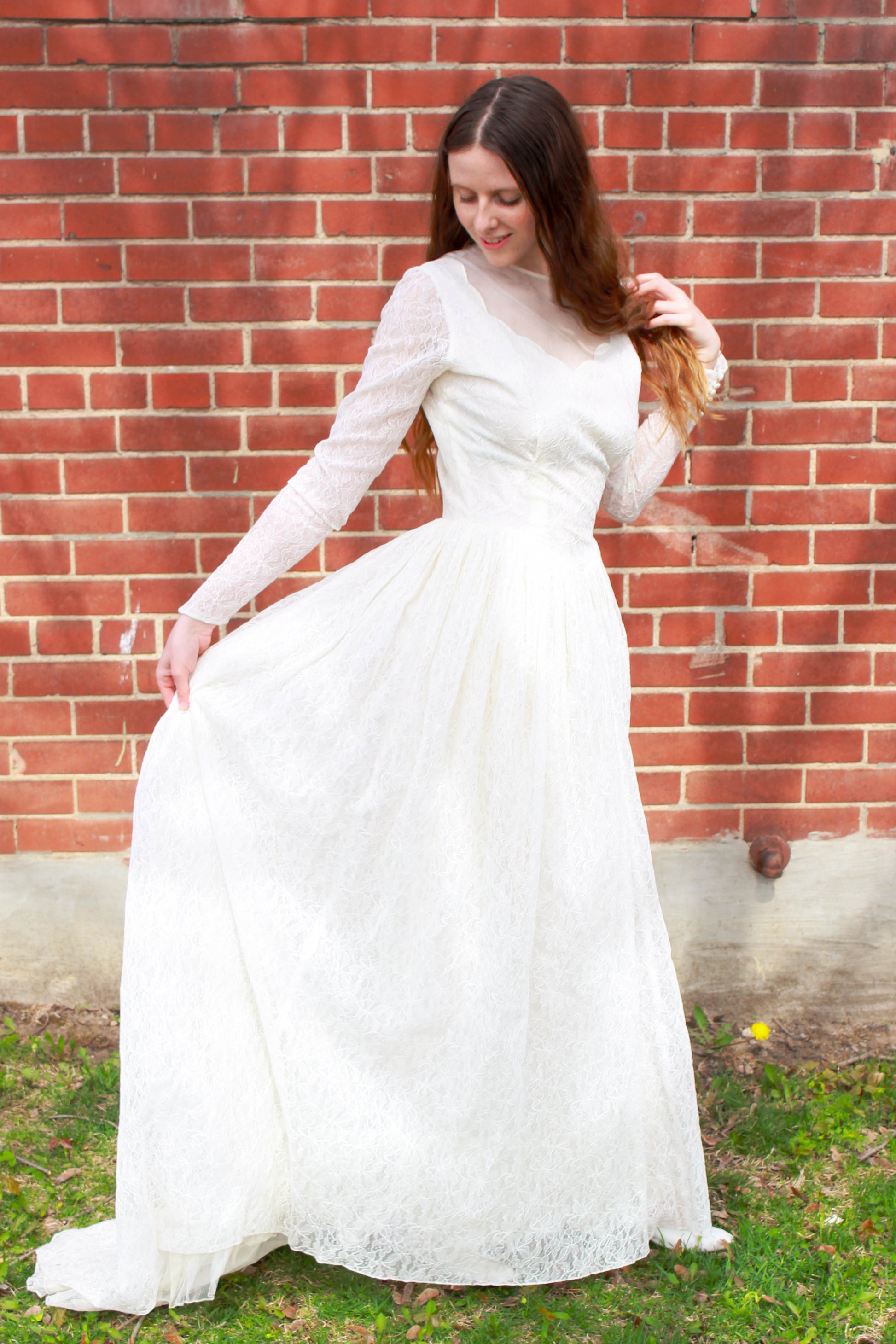 Vintage 1950s White Lace Long-Sleeve Wedding Dress, Small Vintage 1950s White Lace Long-Sleeve Wedding Dress, Small