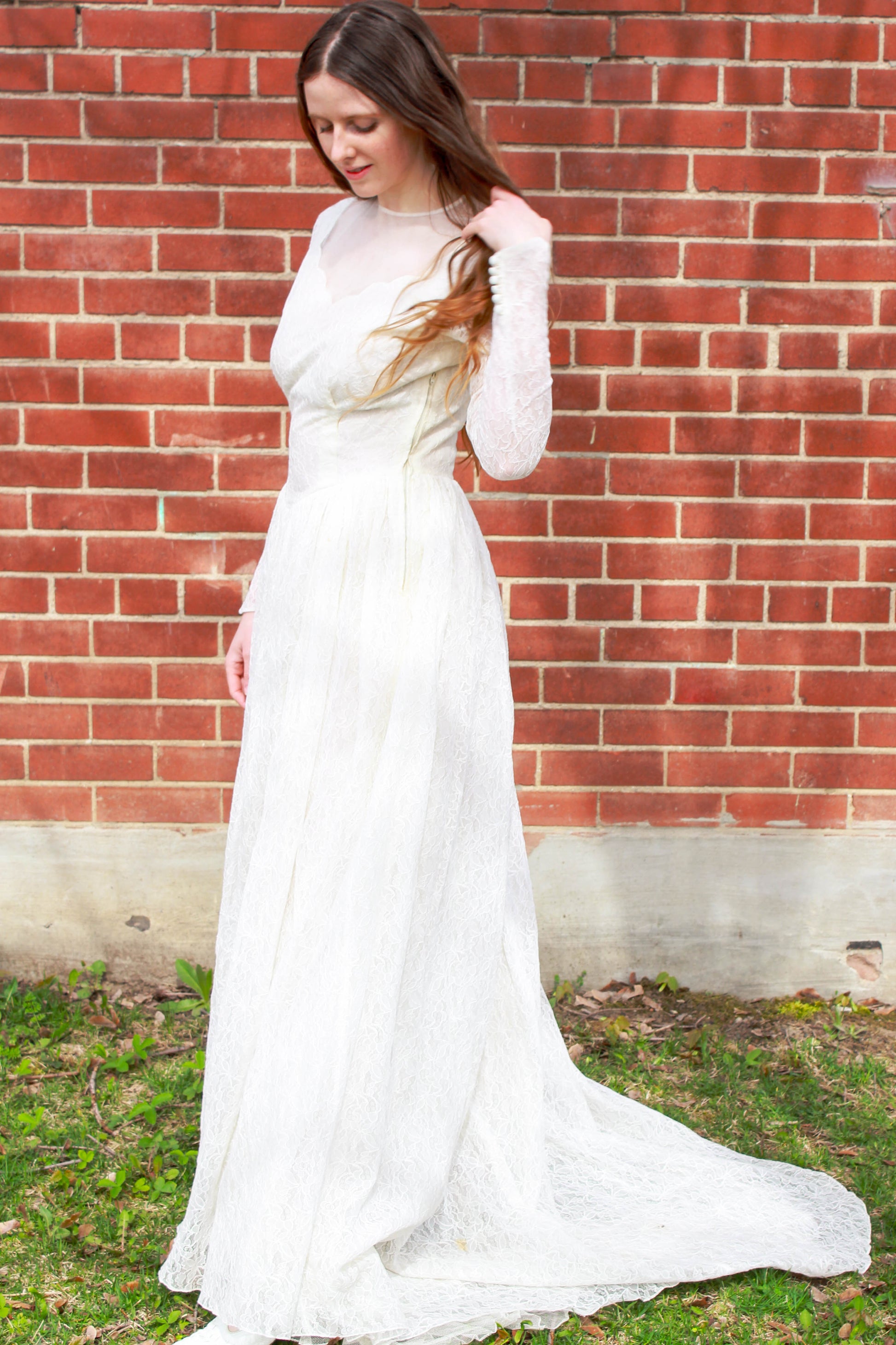 Vintage 1950s White Lace Long-Sleeve Wedding Dress, Small Ian Drummond Vintage Vintage 1950s White Lace Long-Sleeve Wedding Dress, Small Ian Drummond Vintage