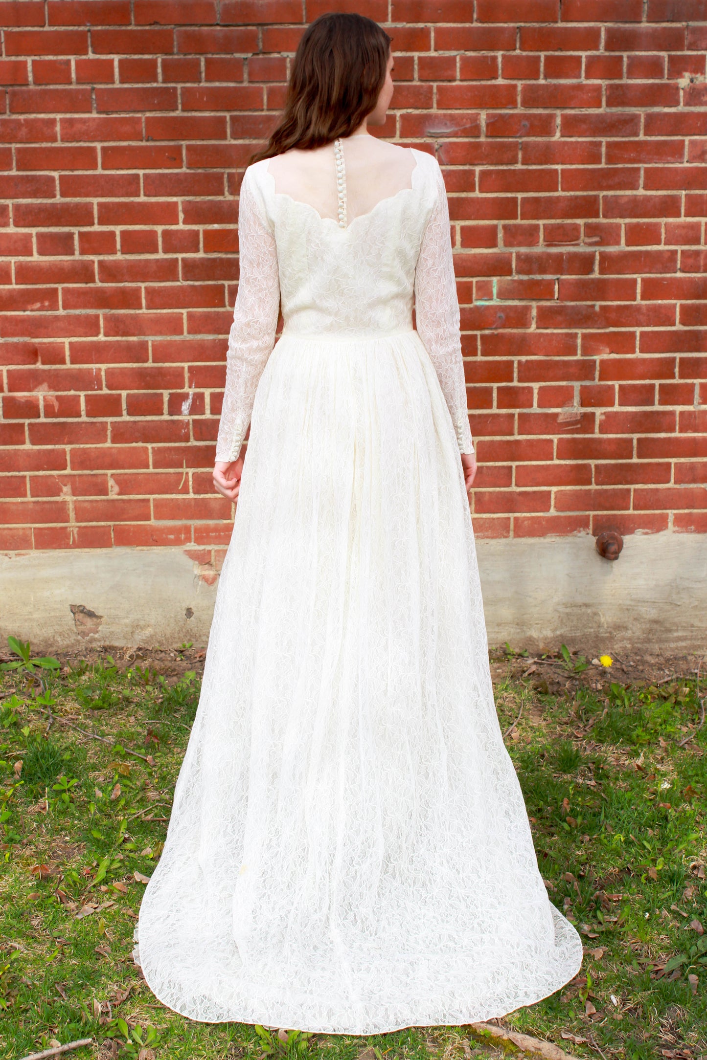 Vintage 1950s White Lace Long-Sleeve Wedding Dress, Small