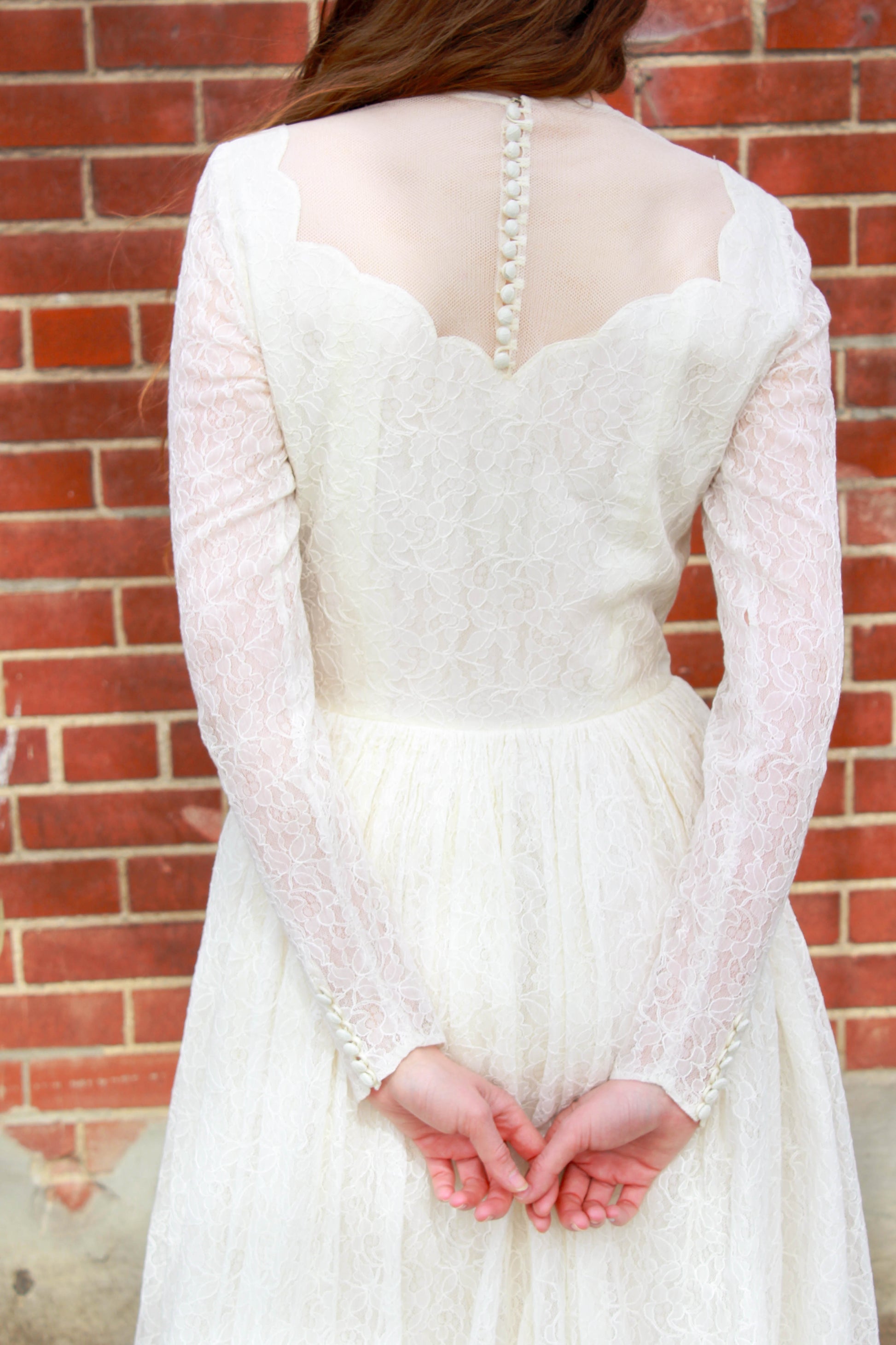 Vintage 1950s White Lace Long-Sleeve Wedding Dress, Small Ian Drummond Vintage Vintage 1950s White Lace Long-Sleeve Wedding Dress, Small Ian Drummond Vintage