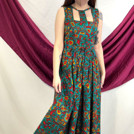 70s Paisley Dress-sundress-jumpsuit-palazzo Pant-gown/redgreen Psychedelic  Print/sleeveless/womens Extra-small chest 30vintage 1970 