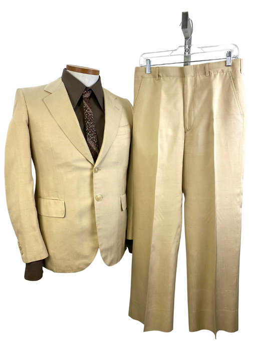 1970s Vintage Men's Single-Breast Suit, Cream 2-Piece Silk Suit, Luca Curalli, C38