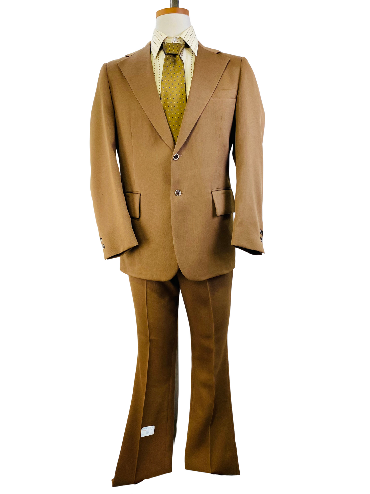 Early 1970s Vintage Deadstock Men's Suit, Brown Solid 2-Piece Poly-Twill Suit, Prestige Clothes, NOS
