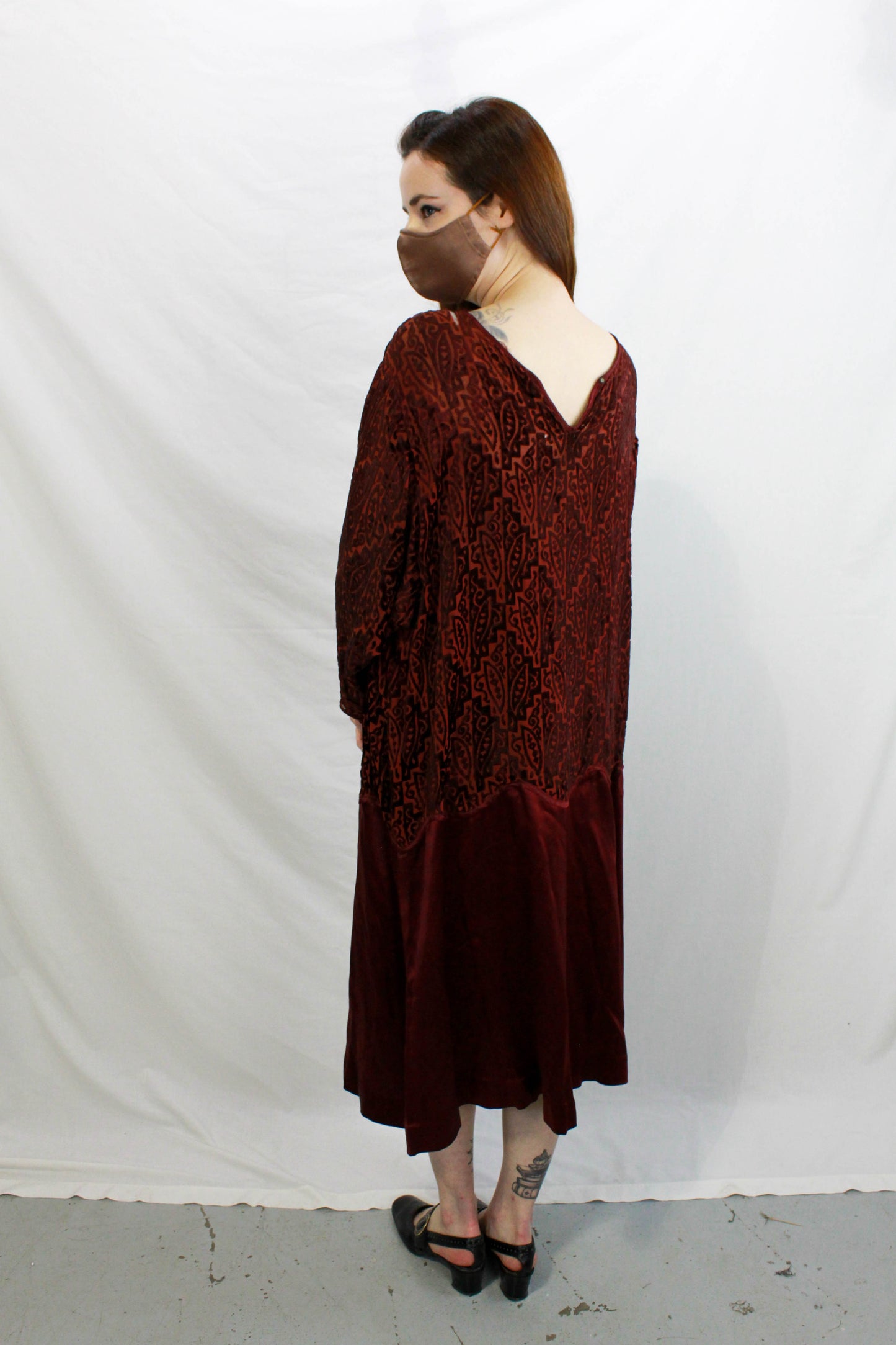 1920s Devore Velvet Dress, Burgundy, Medium