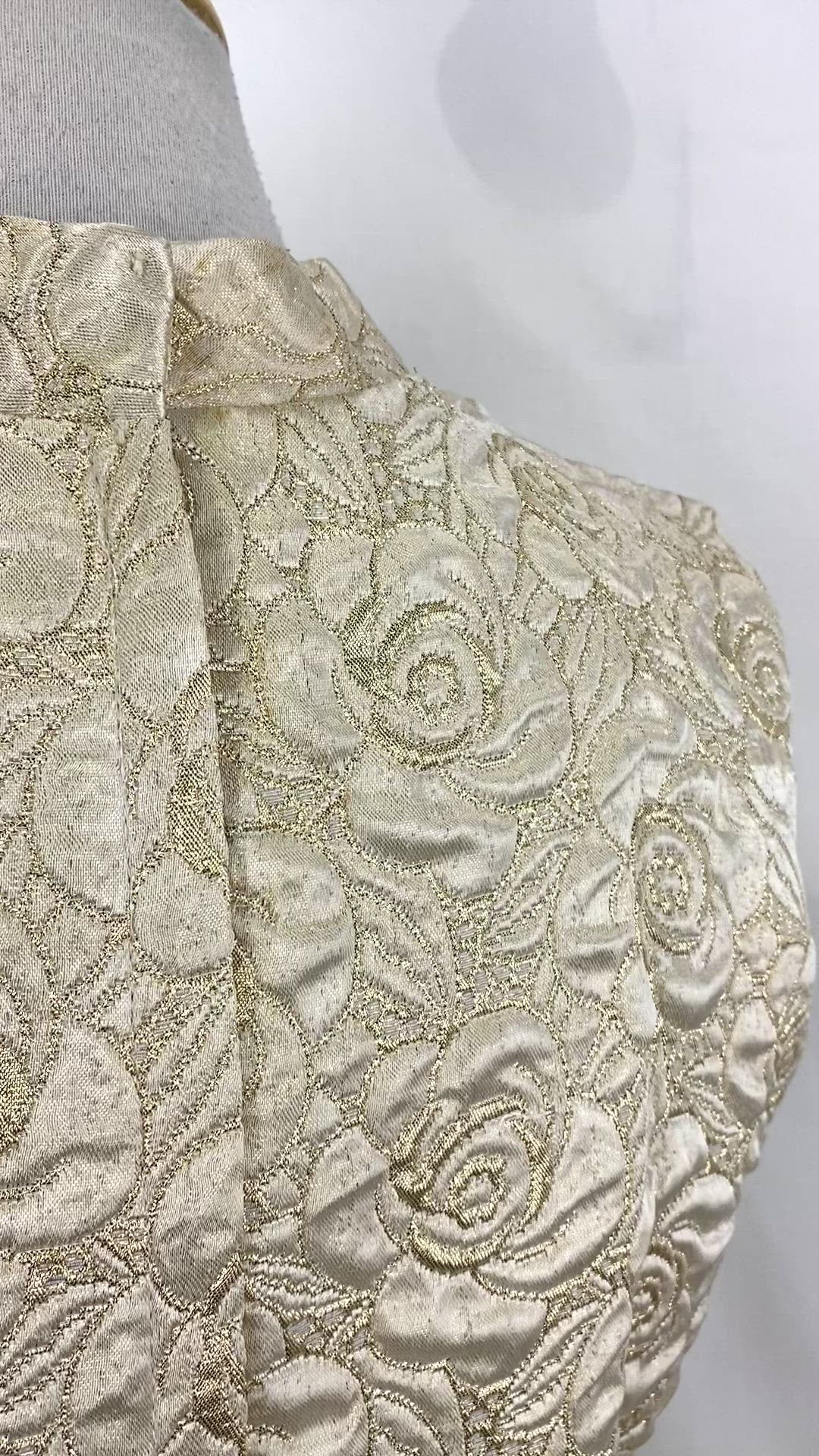Vintage 1950s Metallic Gold Satin & Lurex Quilted Floral Dress, Medium 