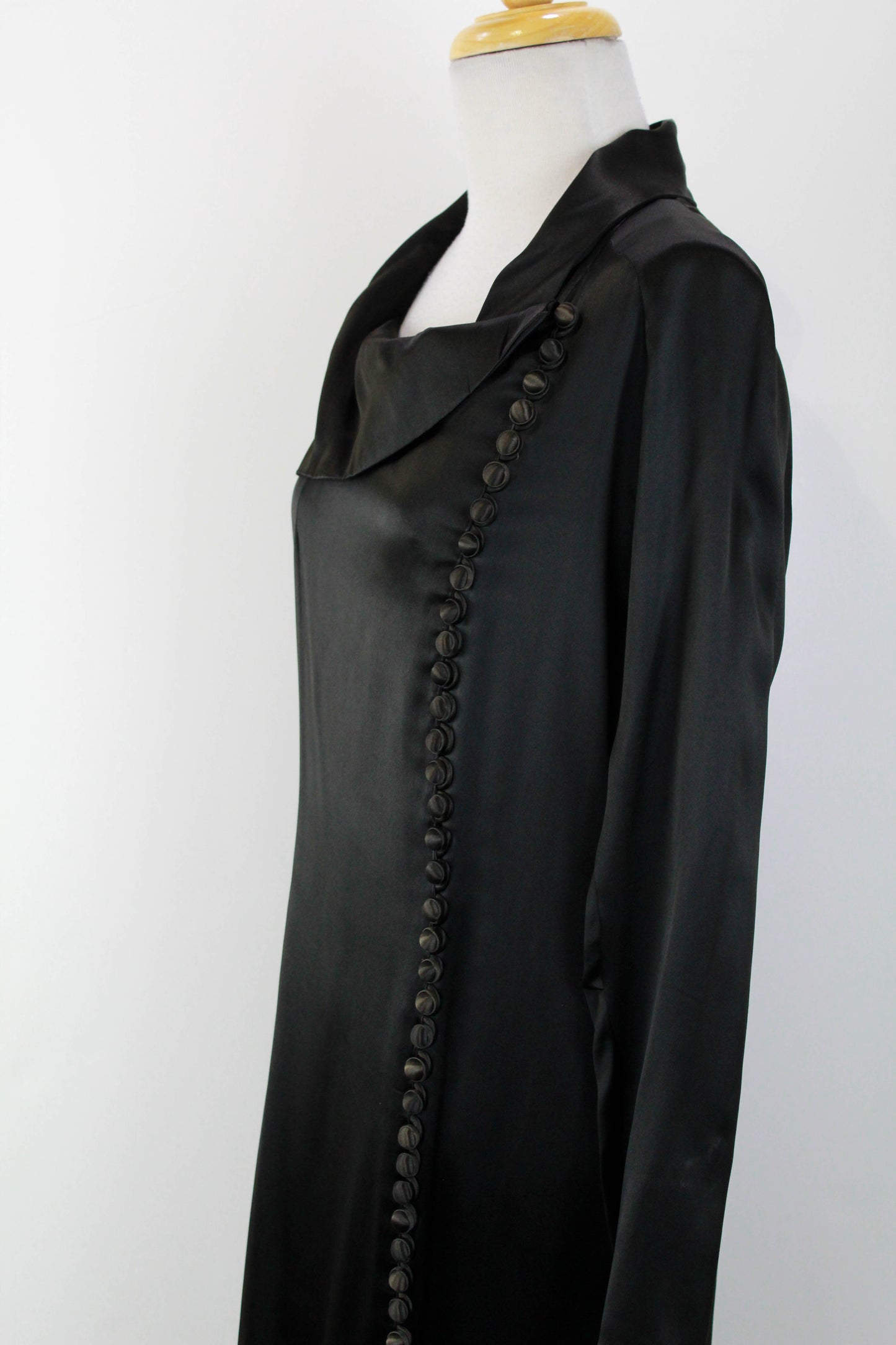 1930s silk satin black dress, art deco 30s vintage dress long sleeves covered buttons ian drummond collection 