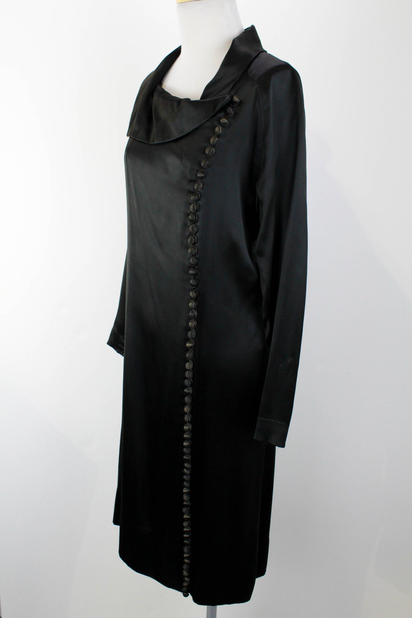 1930s silk satin black dress, art deco 30s vintage dress long sleeves covered buttons ian drummond collection 