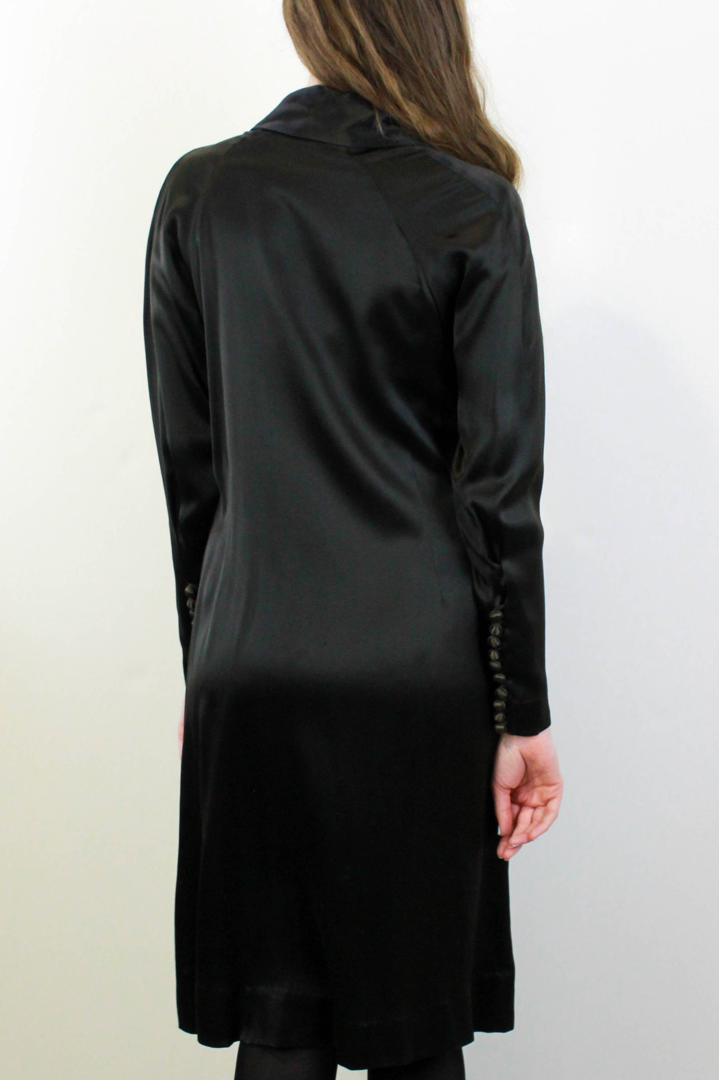 1930s Silk Satin Black Dress, Covered Buttons, Collared Neck, 1930s Liquid Satin Dress, Flapper Dress