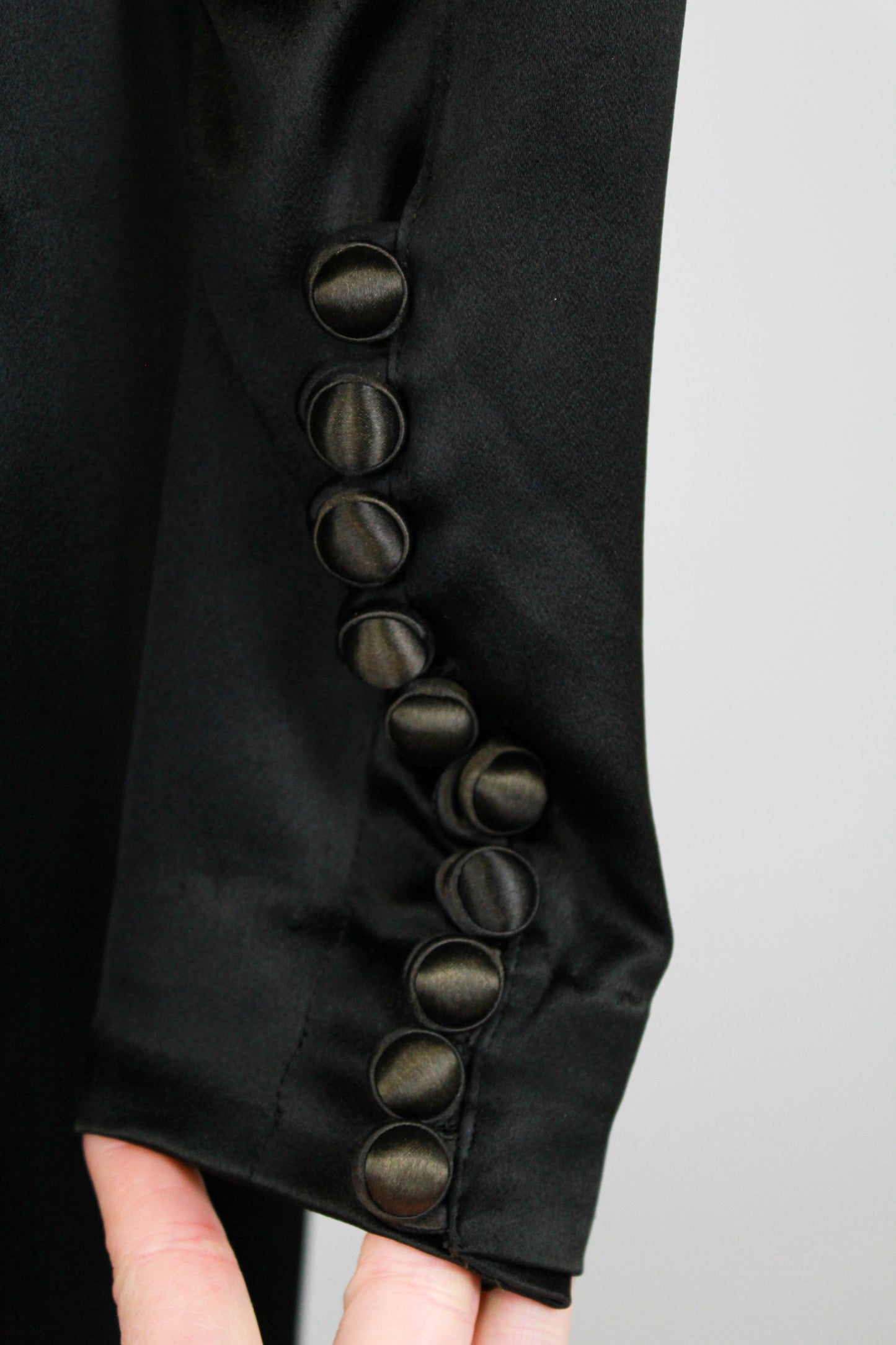 1930s Silk Satin Black Dress, Covered Buttons, Collared Neck, 1930s Liquid Satin Dress, Flapper Dress
