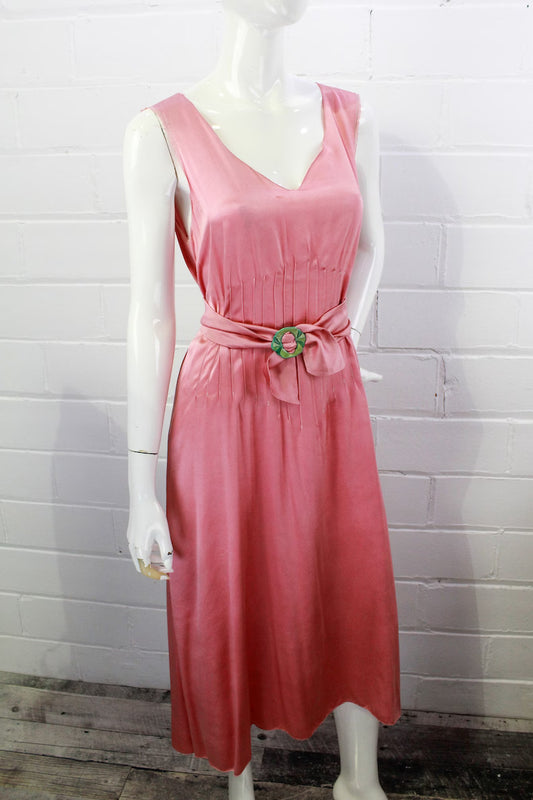 1930s pink liquid satin dress womens dressing gown front view