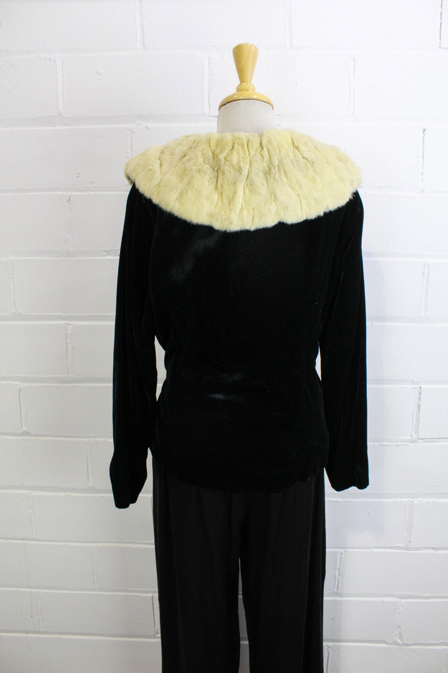 1930s black velvet jacket with white fur collar 
