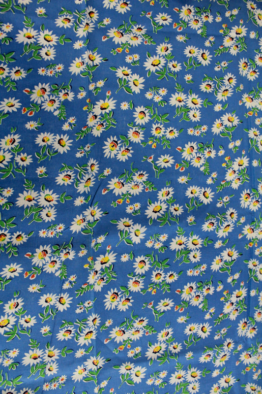 1940s 50s Blue Daisy Print Cotton Fabric Vintage Sewing