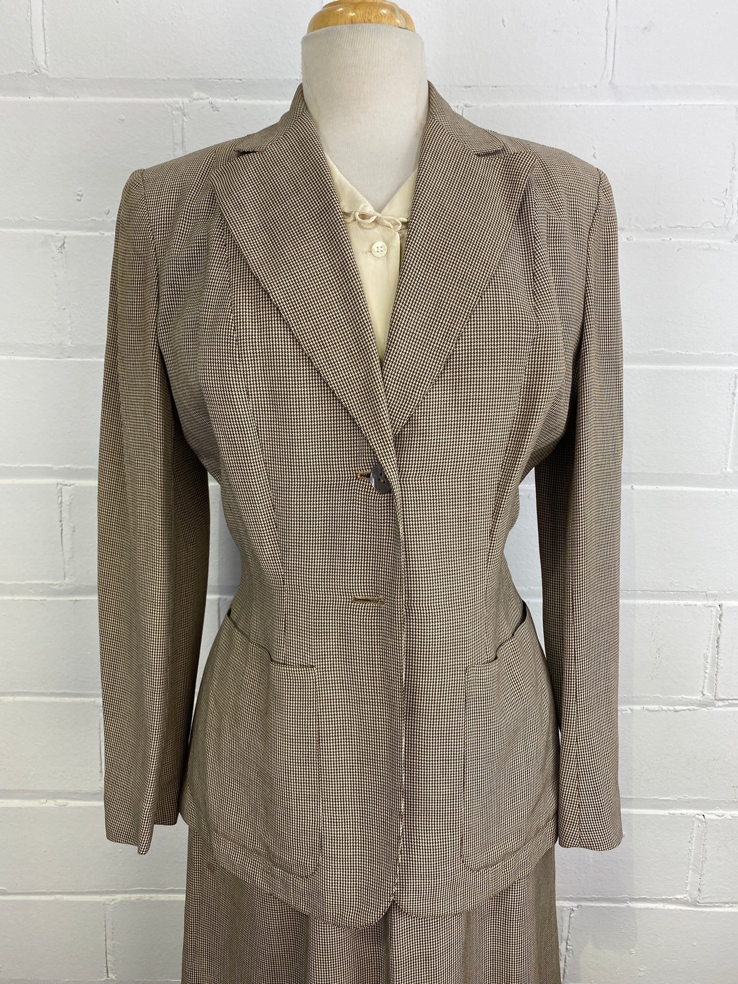 Vintage 1940s Brown Houndstooth Two-Piece Skirt Suit, Medium 