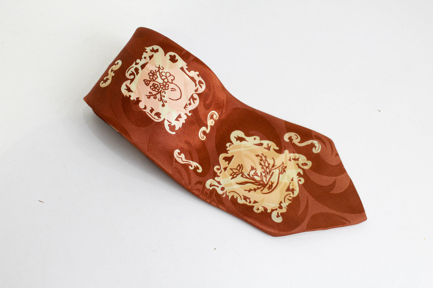 1940s Rayon Necktie, Brown Jacquard with Floral Illustration Print