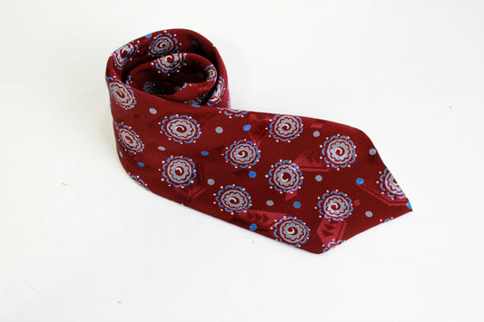 1940s silk necktie, dark red with blue abstract print jacquard, wide tongue 