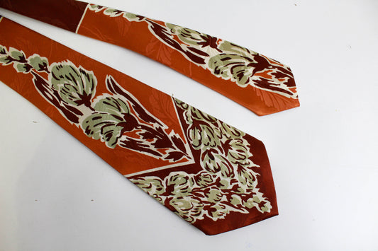 1940s floral print rayon necktie brown with green flowers jacquard, wide tongue swing tie by yankee ties