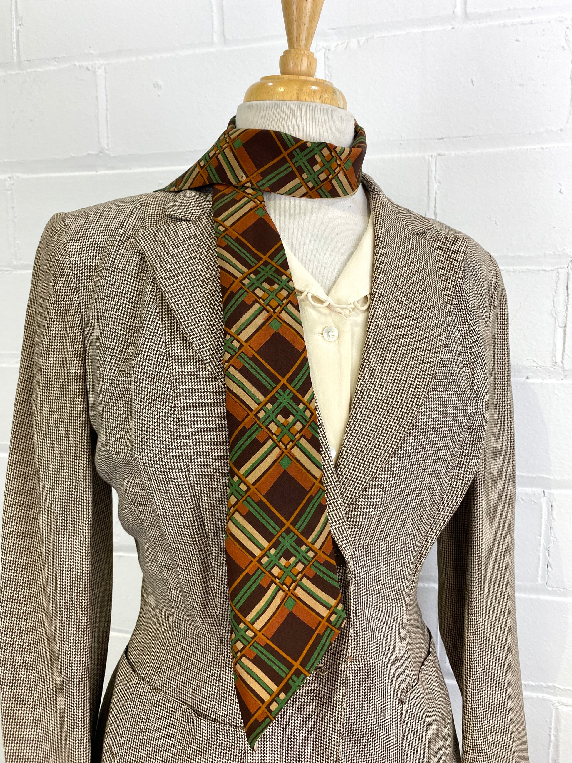 Vintage 1930s/ 40s Green & Brown Plaid Silk Scarf