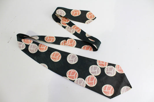 1940s rayon wide necktie, dark green with peach and grey polka dot print 