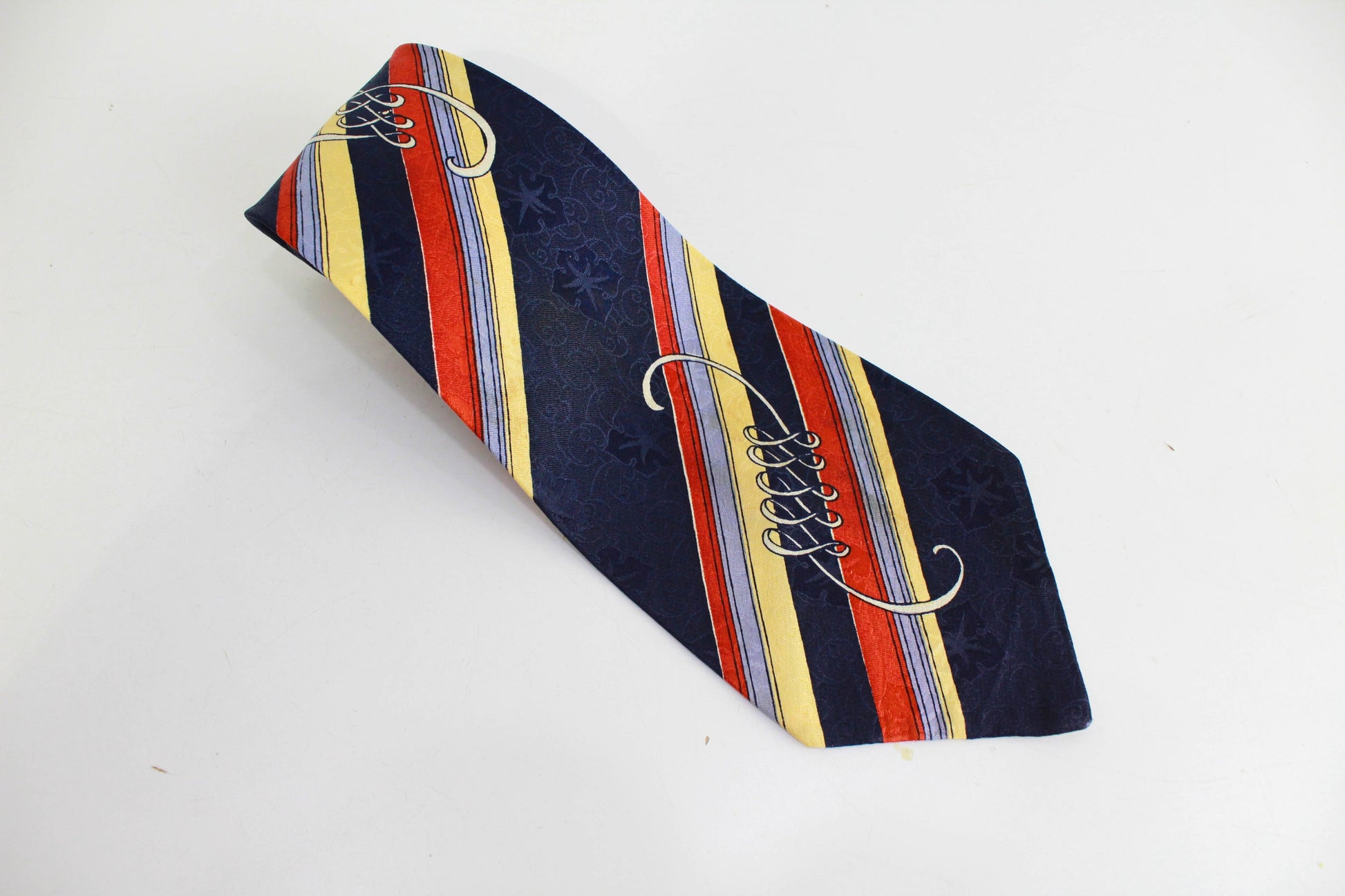 1940s bold necktie wide tongue navy blue with red and yellow stripes, rayon