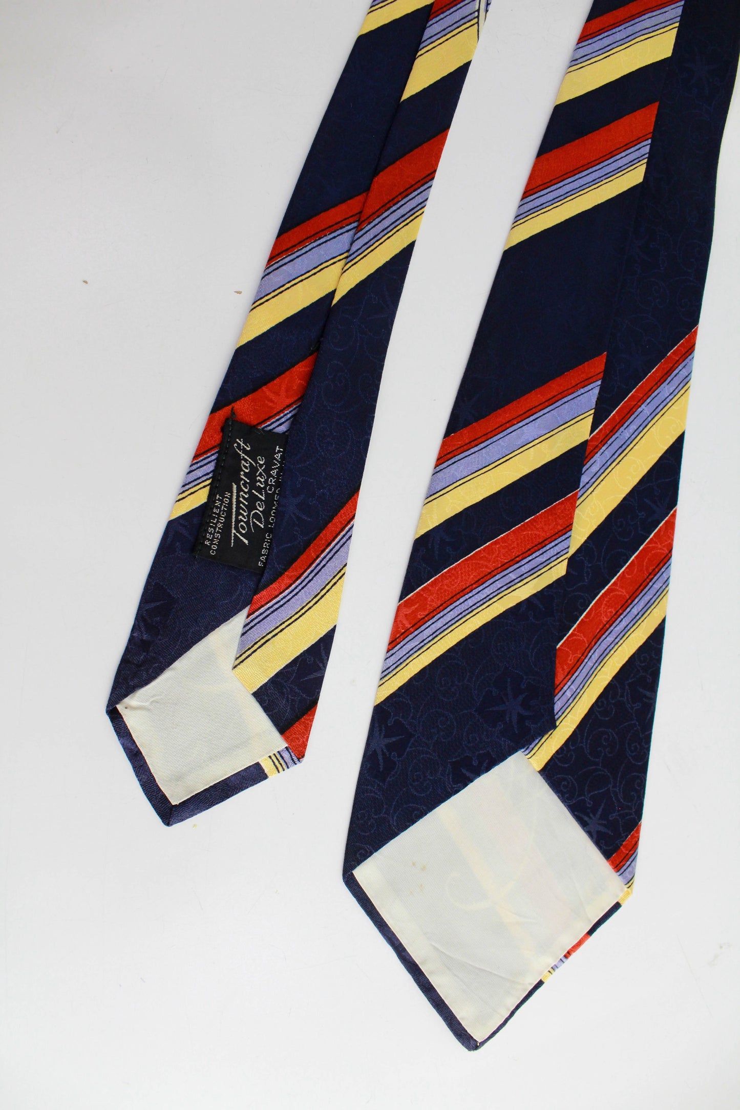 1940s bold necktie wide tongue navy blue with red and yellow stripes, rayon