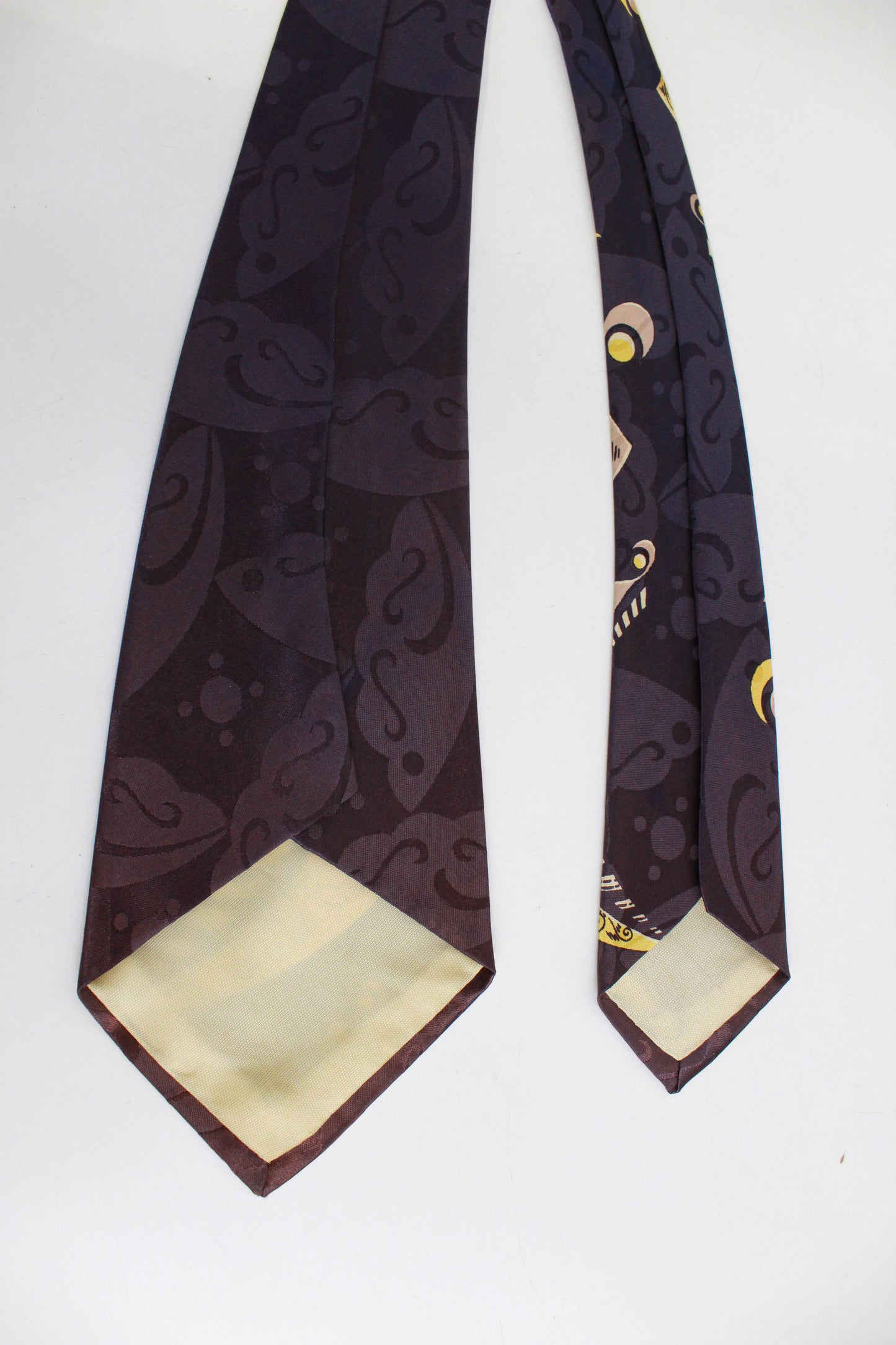 1940s Rayon Necktie, Dark Purple Jacquard with Yellow Abstract Leaf Print