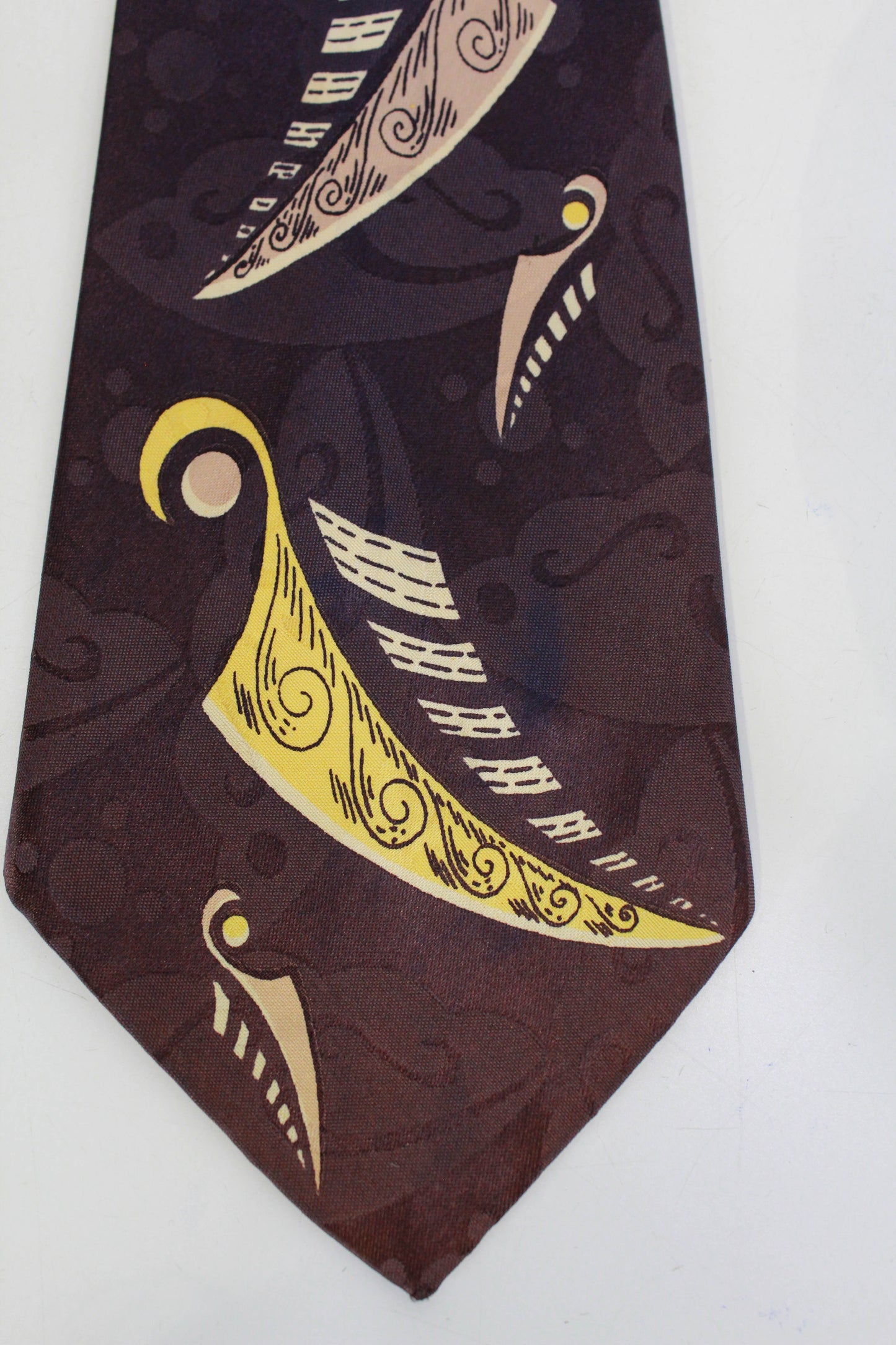1940s rayon necktie, purple and yellow abstract geometric leaf print