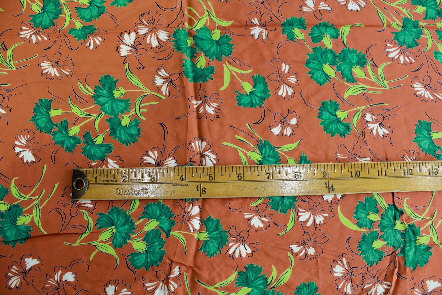 1940s rust brown and green floral print rayon sewing fabric yardage 2.5 yards