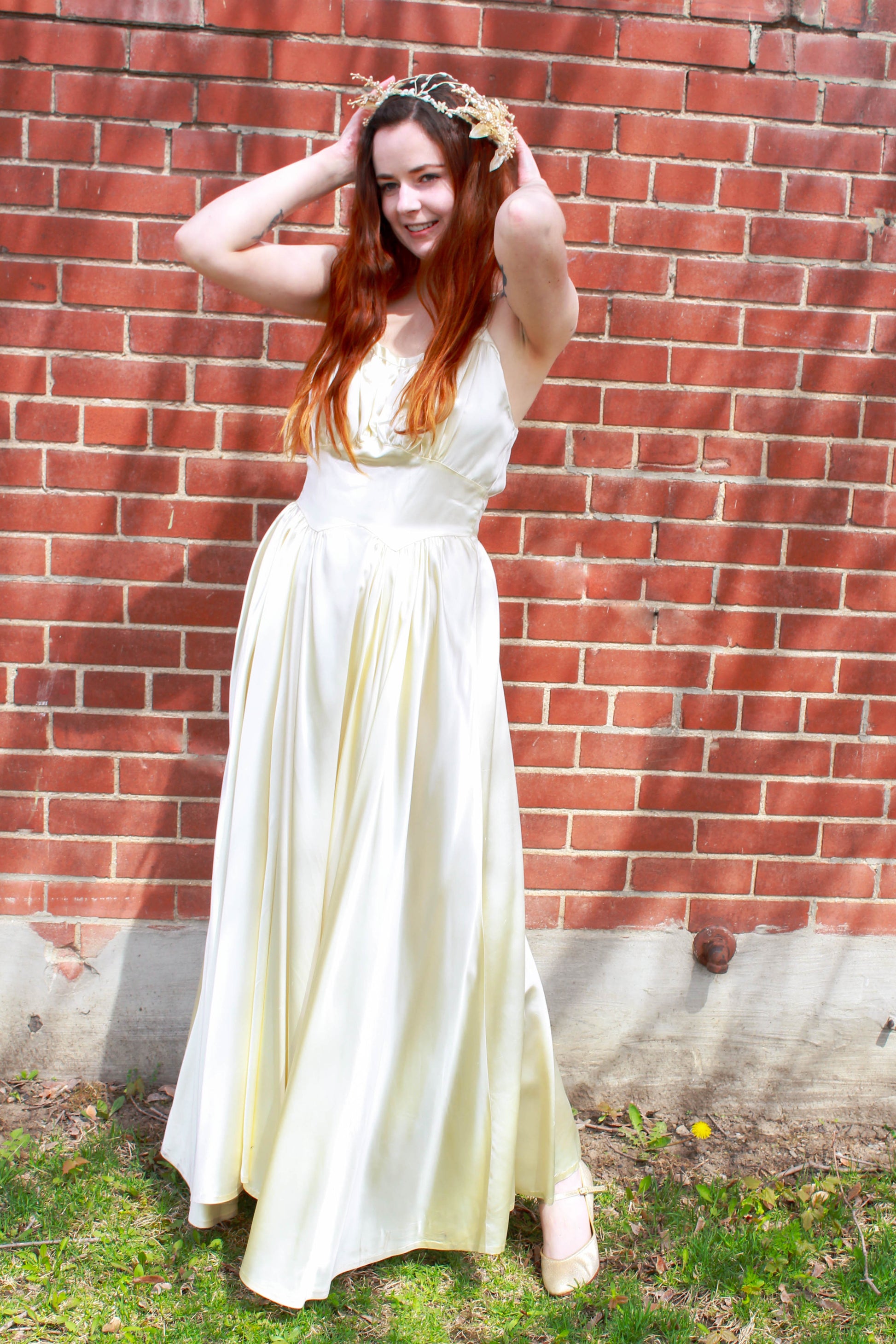 Vintage 1940s Liquid Satin Ivory Wedding Dress with Braided Straps