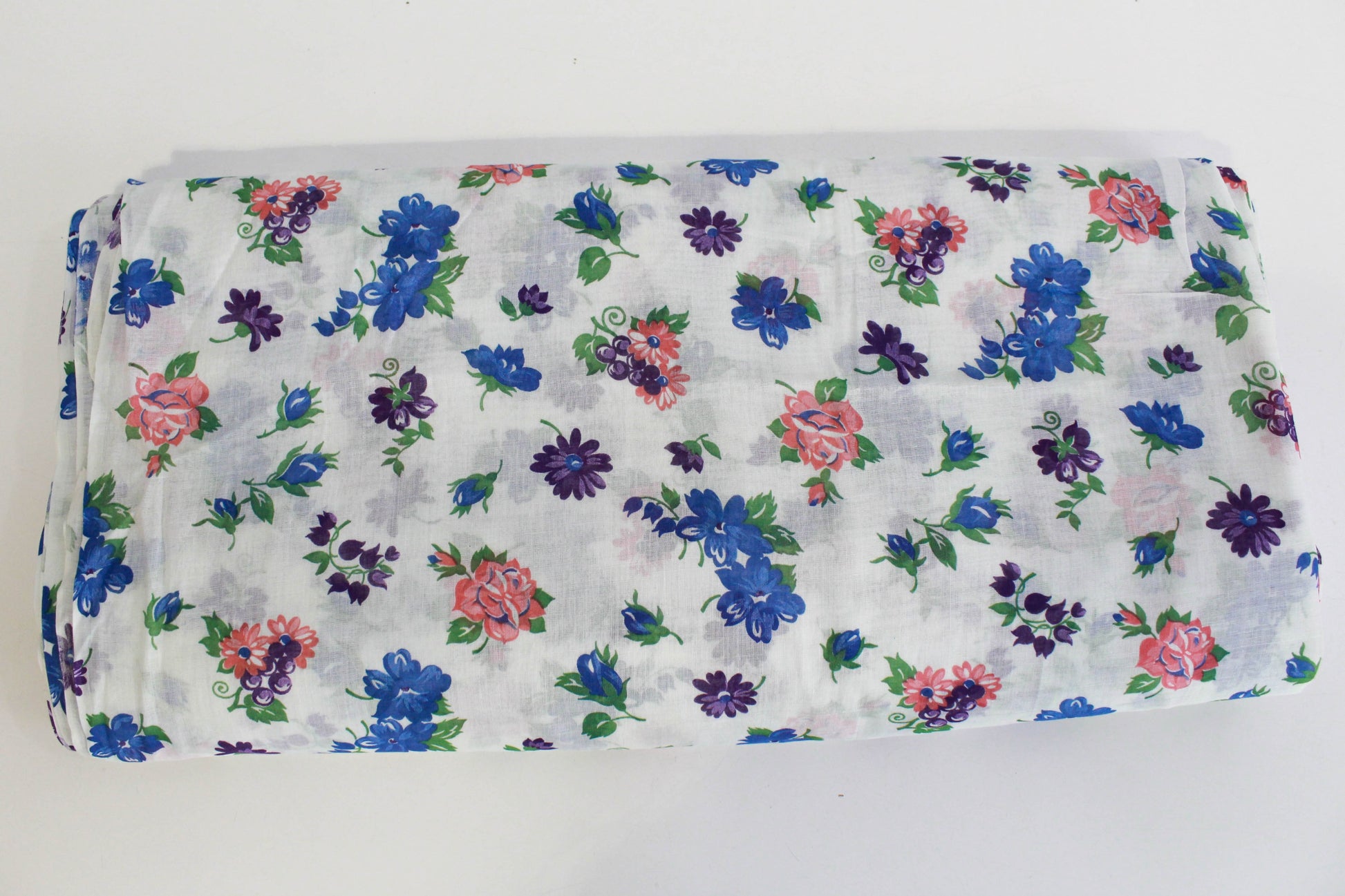 1940s cotton voile fabric sheer white with blue purple and pink flower print