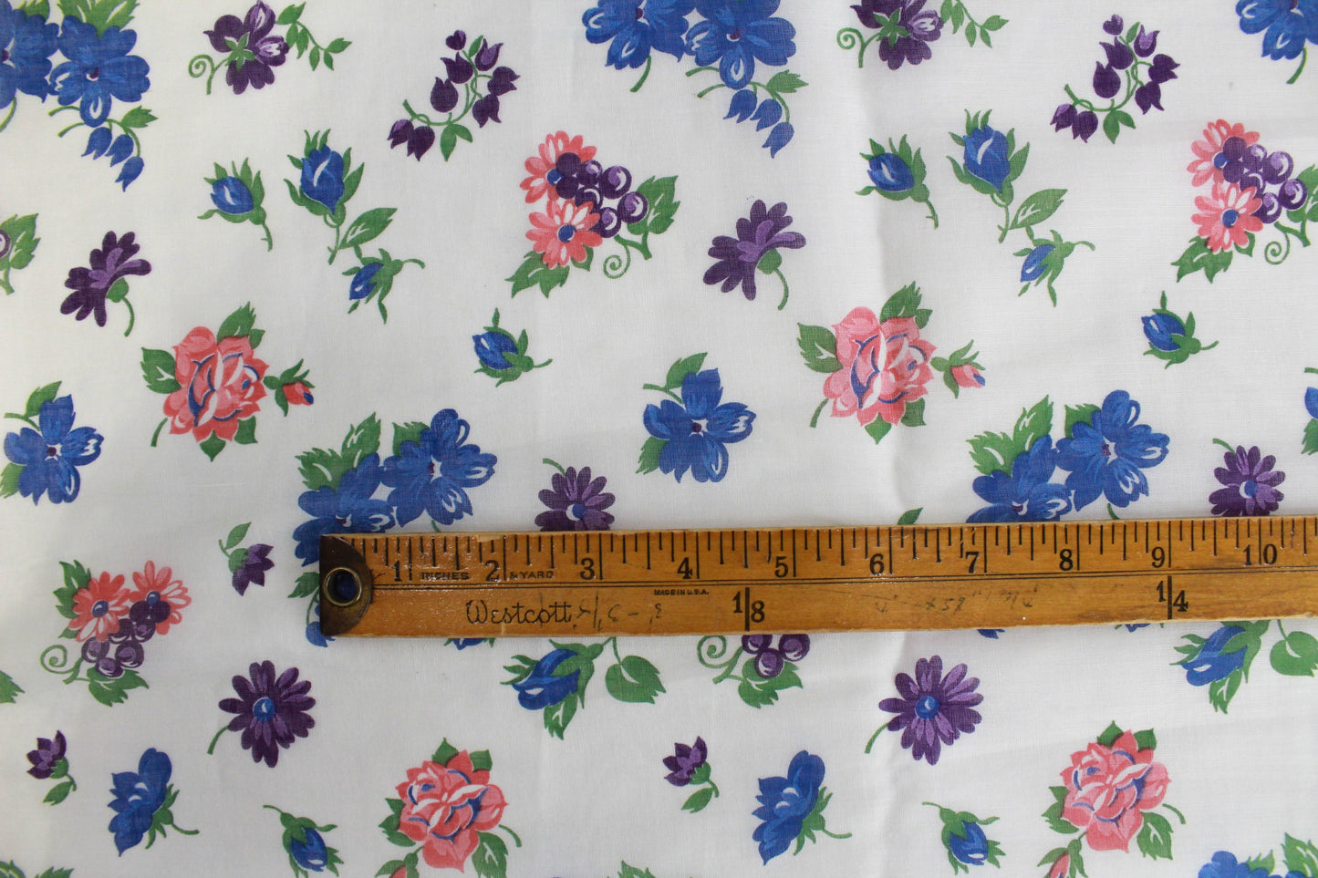 1940s cotton voile fabric sheer white with blue purple and pink flower print