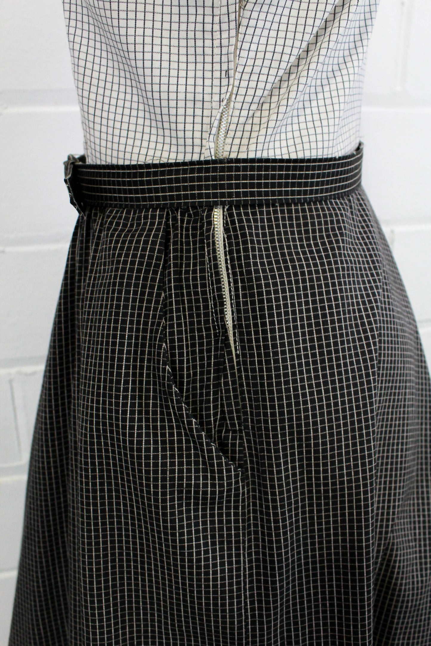 Vintage 1950s Checked Sundress, White and Black, Small