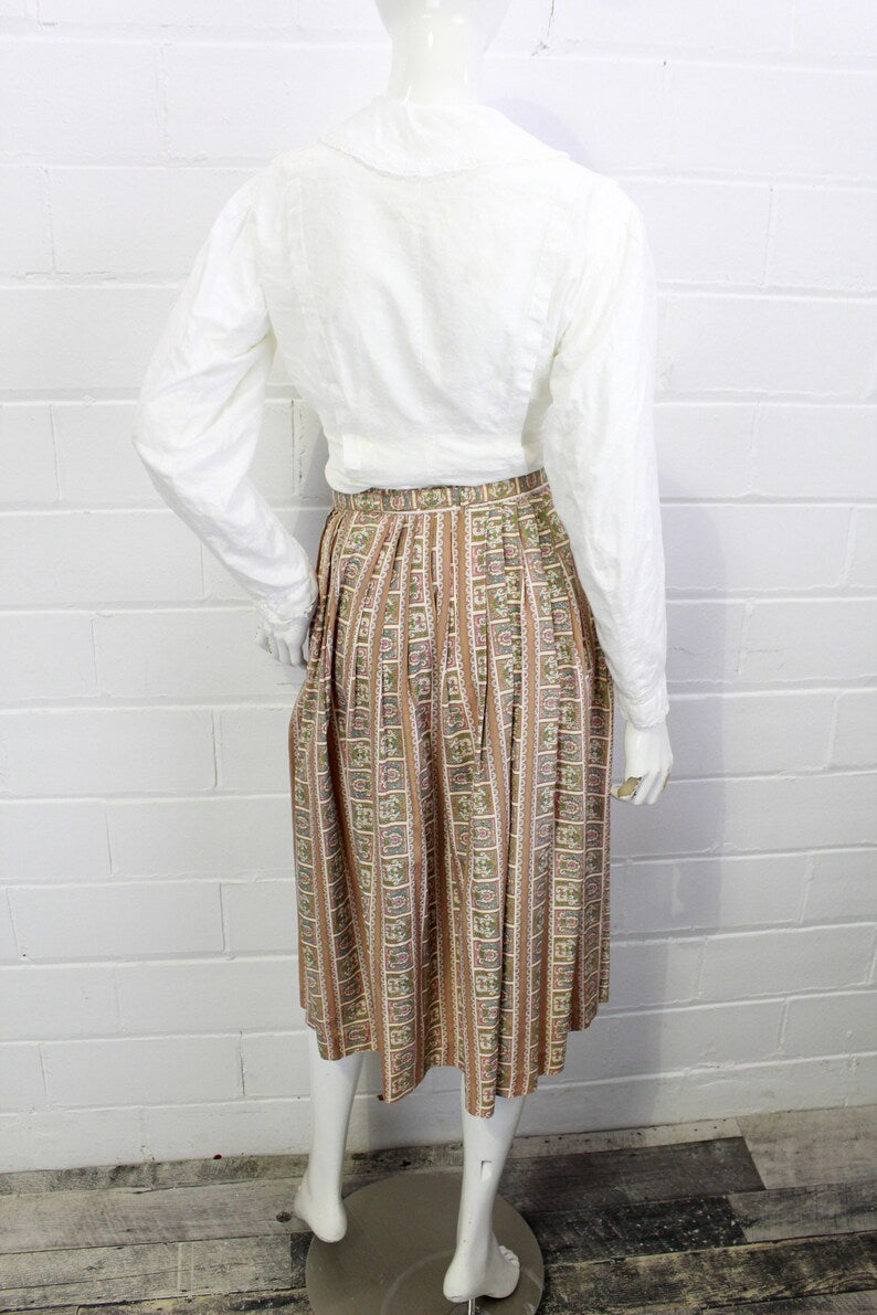 1950s floral print novelty skirt with matching belt, beige with pink and blue flowers