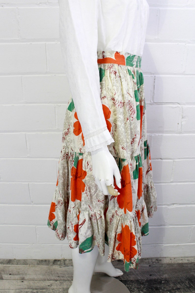 1950s orange floral print mid century flower print tiered cotton skirt