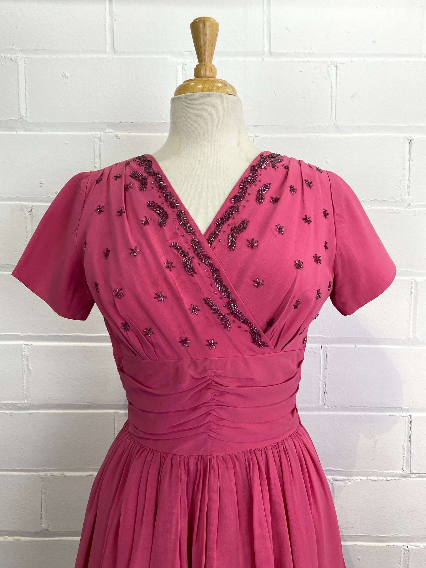 Vintage 1960s Short-Sleeve Beaded Pink Tiered Skirt  Dress, Small
