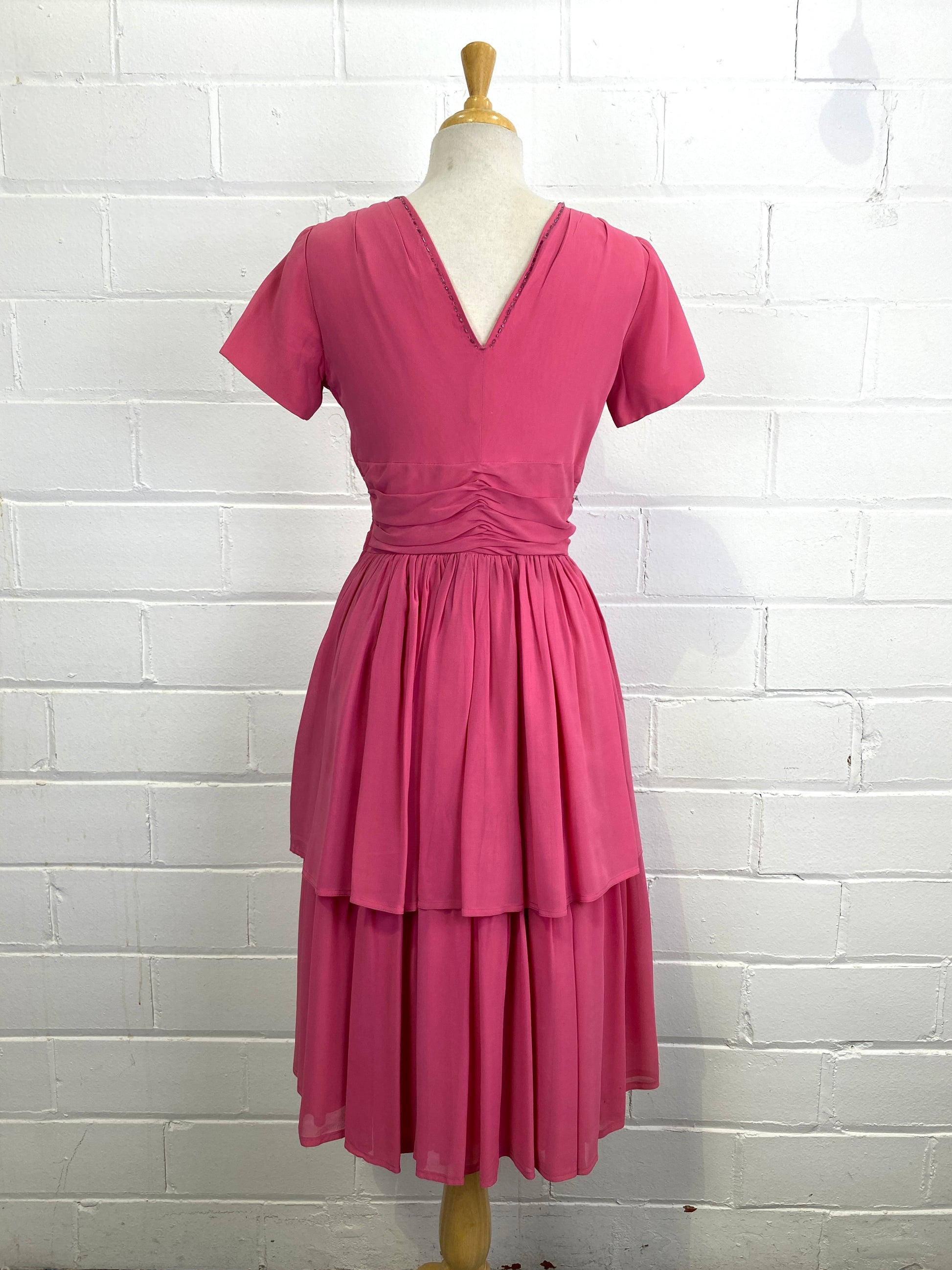 Vintage 1960s Short-Sleeve Beaded Pink Tiered Skirt  Dress, Small