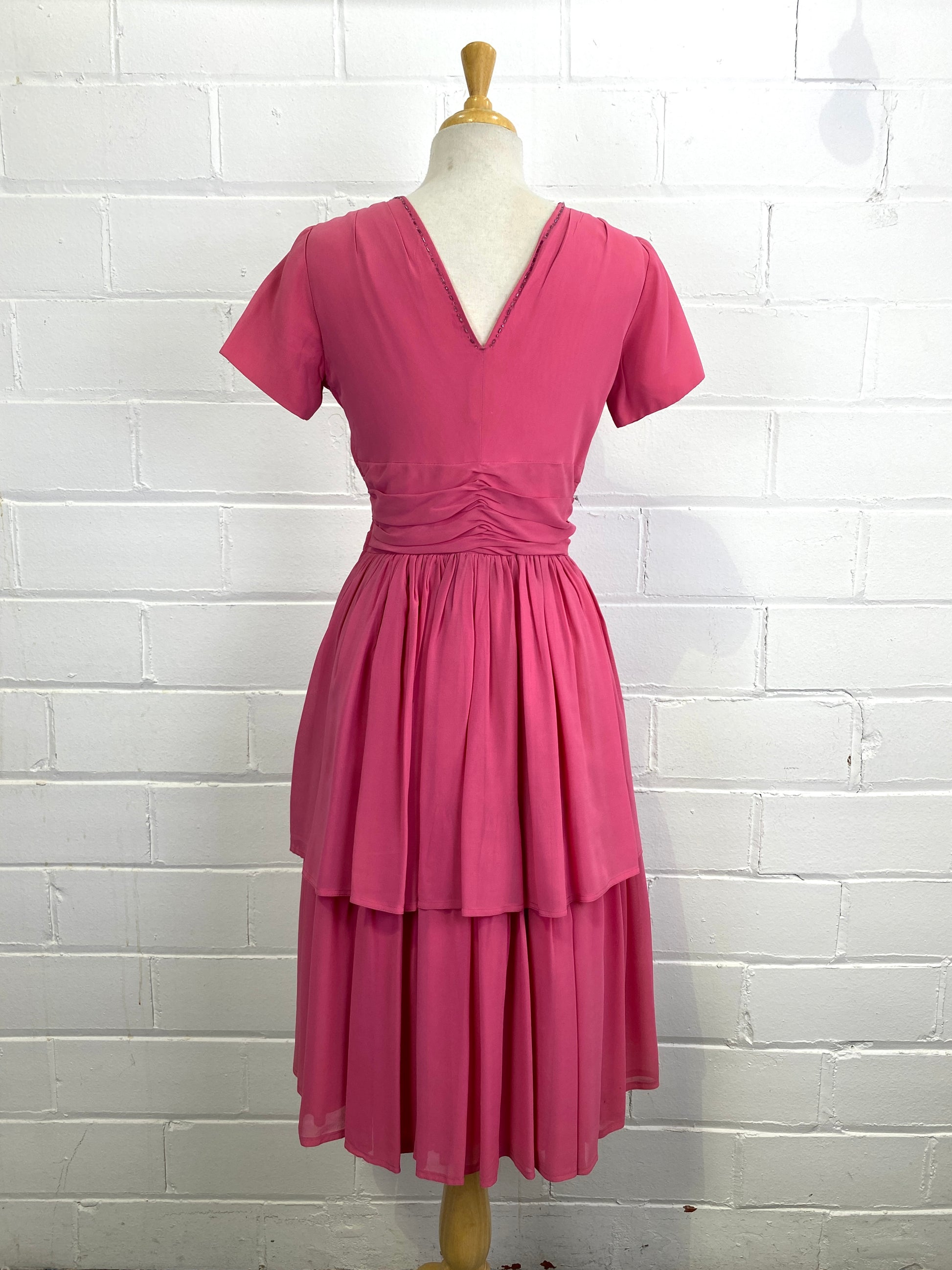 Vintage 1960s Short Sleeve Beaded Hot Pink Tiered Dress, Small