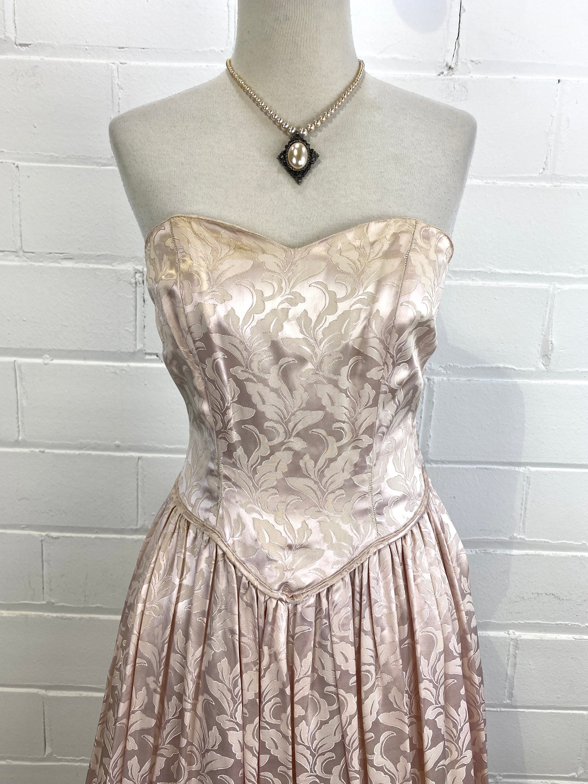 Vintage Gothic Brocade 1950s Corset Dress With Floor Length Skirt