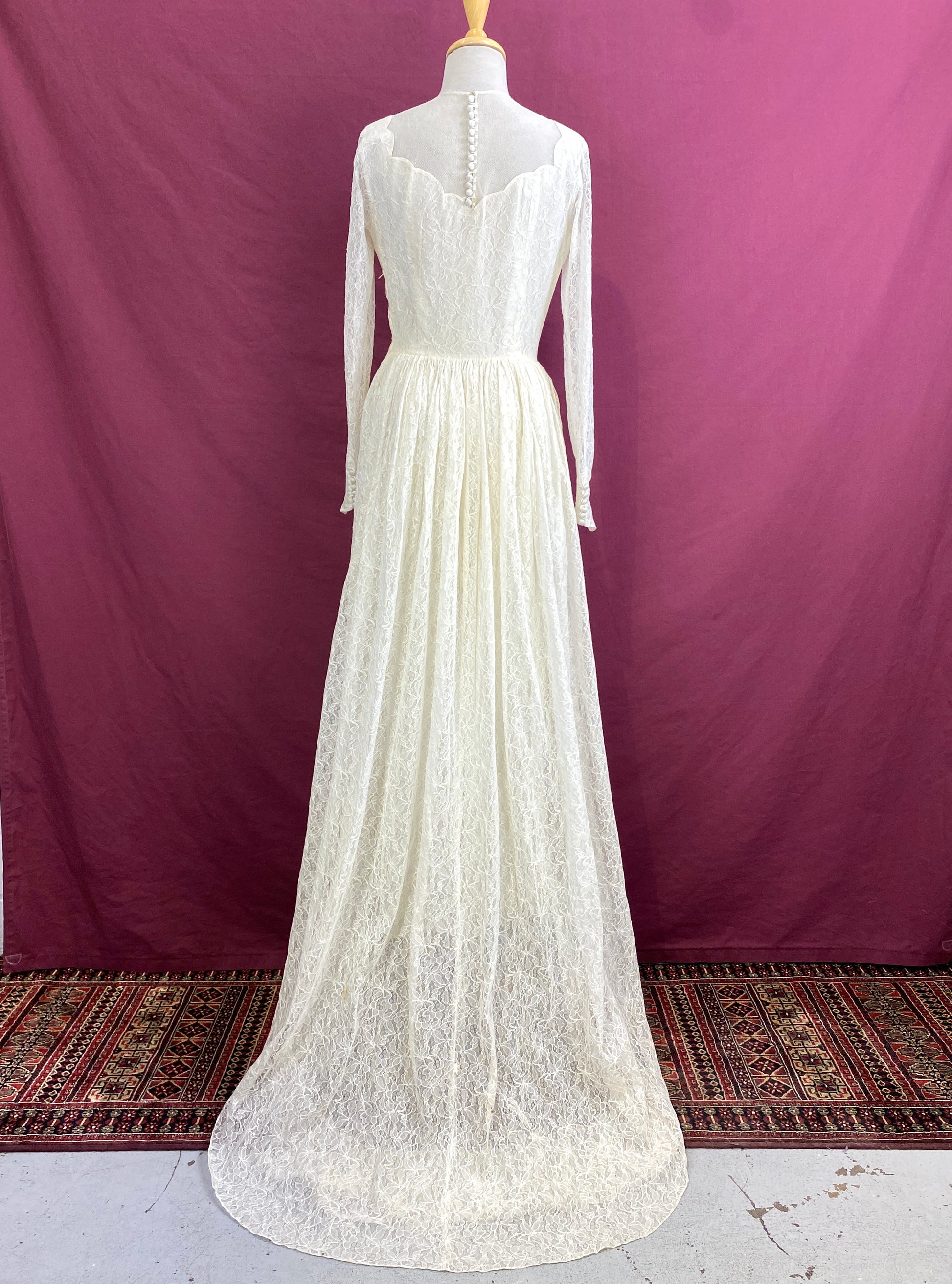Vintage 1950s White Lace Long-Sleeve Wedding Dress, Small Ian Drummond Vintage Vintage 1950s White Lace Long-Sleeve Wedding Dress, Small Ian Drummond Vintage