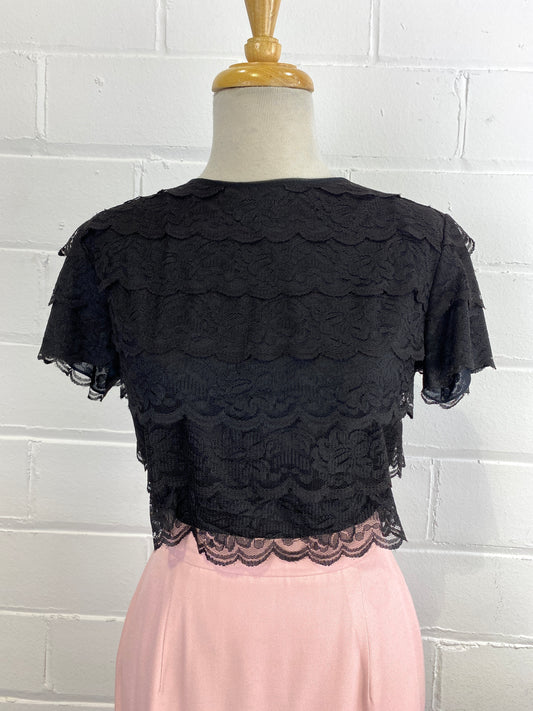Vintage 1960s Black Lace Short Sleeve Top, Small