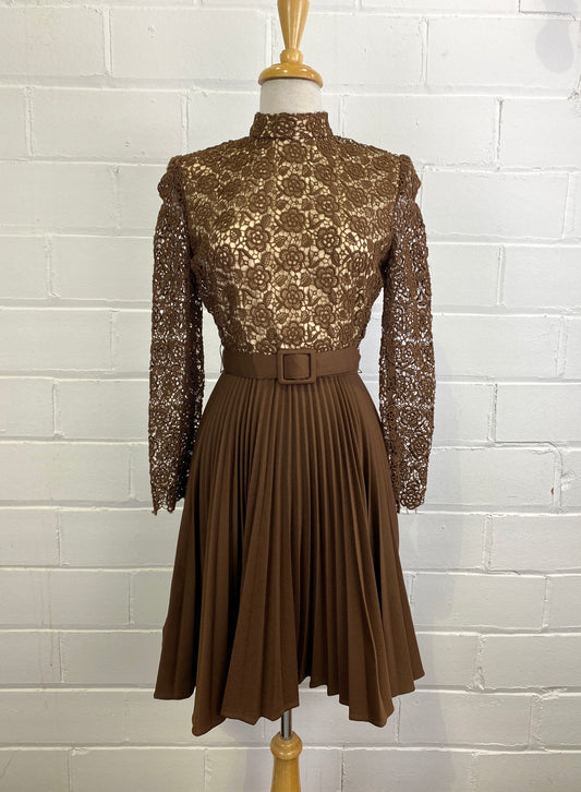 Vintage 1960s Brown Pleated Skirt/ Crochet Lace Top Long-Sleeve Dress, Small