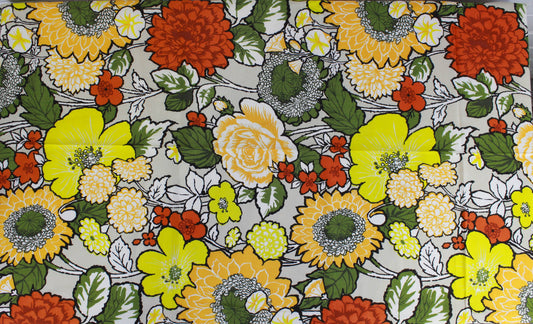 1960s Green and Yellow Mod Floral Print Cotton Fabric, 4 Yards
