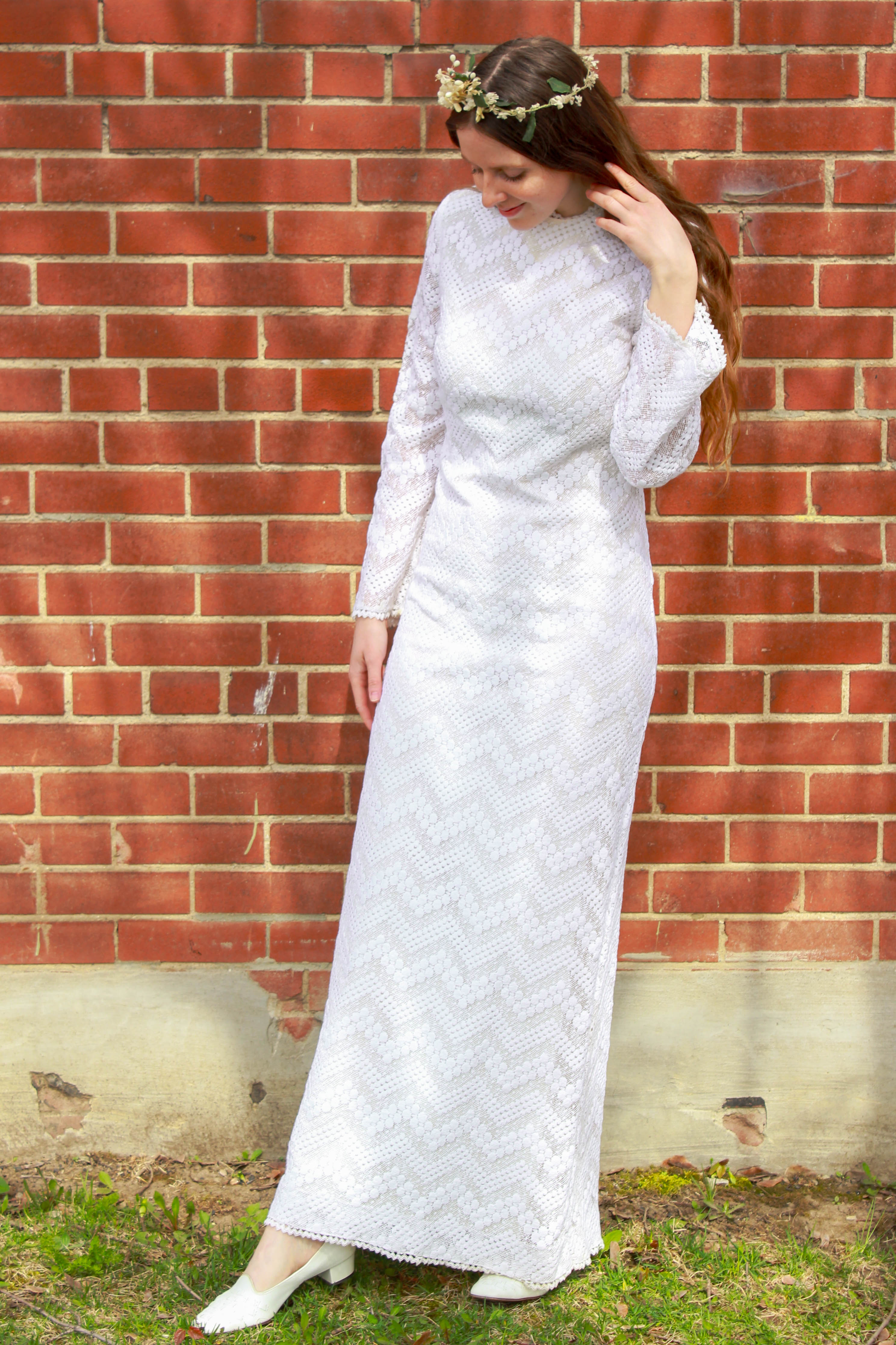 Vintage 1960s White Cotton Lace Long-Sleeve Sheath Maxi