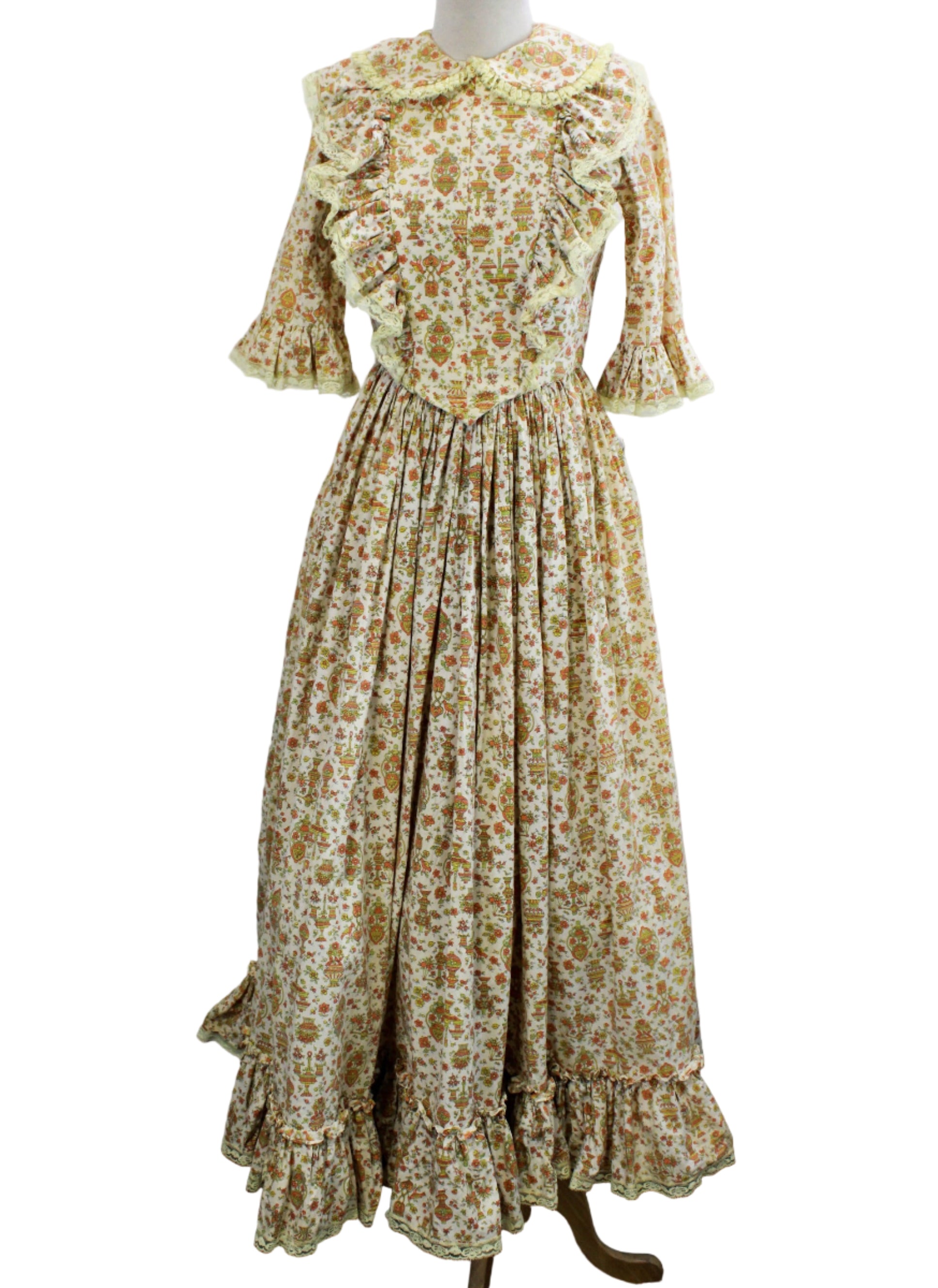 1960s Orange And Cream Floral Prairie Maxi Dress with Peter Pan Collar – Ian Drummond Vintage