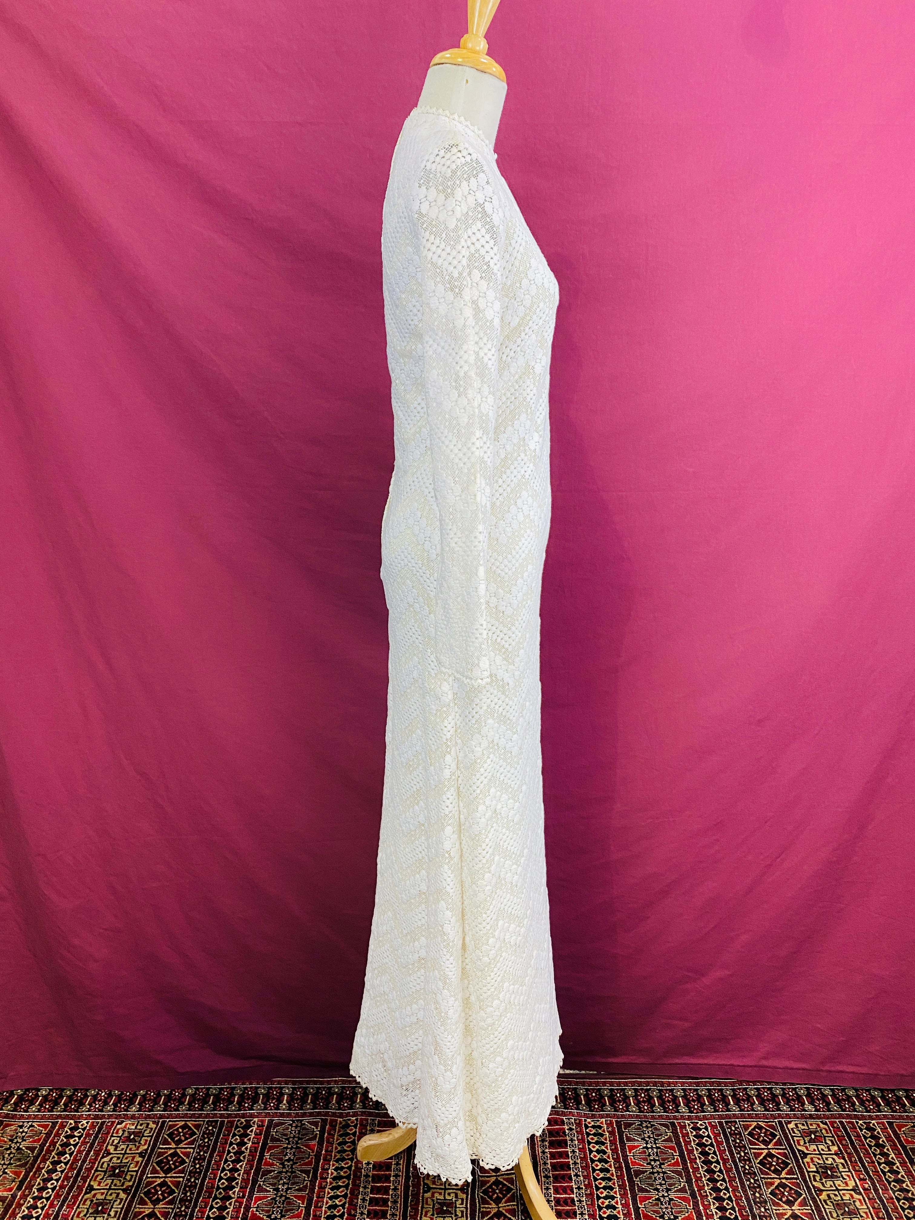 Vintage 1960s White Cotton Lace Long-Sleeve Sheath Maxi