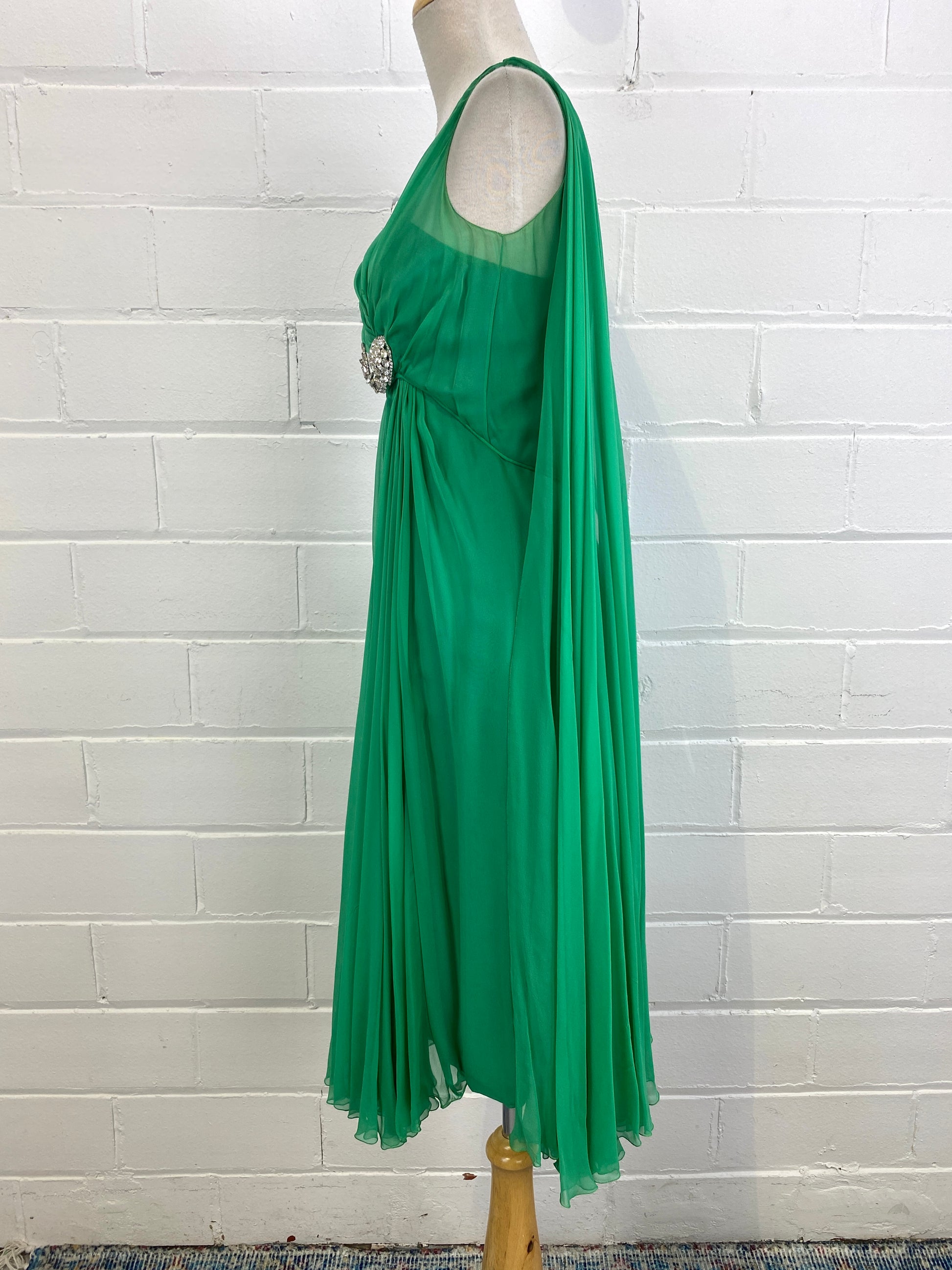 Vintage 70s Green Chiffon Cocktail Dress with Rhinestone Brooch, Small
