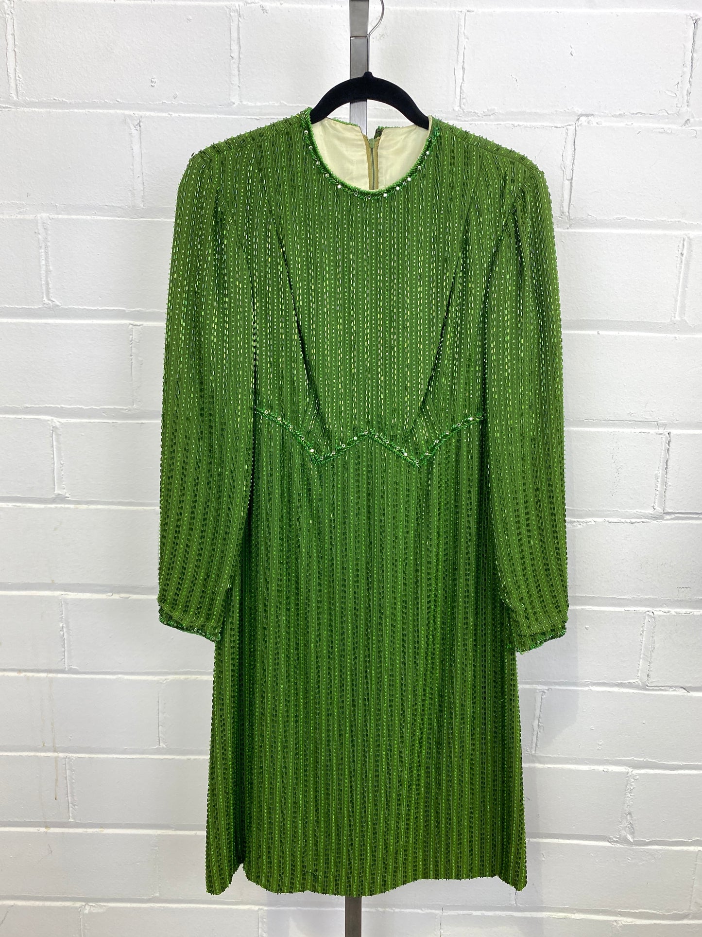 Vintage 1970s Emerald Green Fully Beaded Long-Sleeve Dress, Medium 