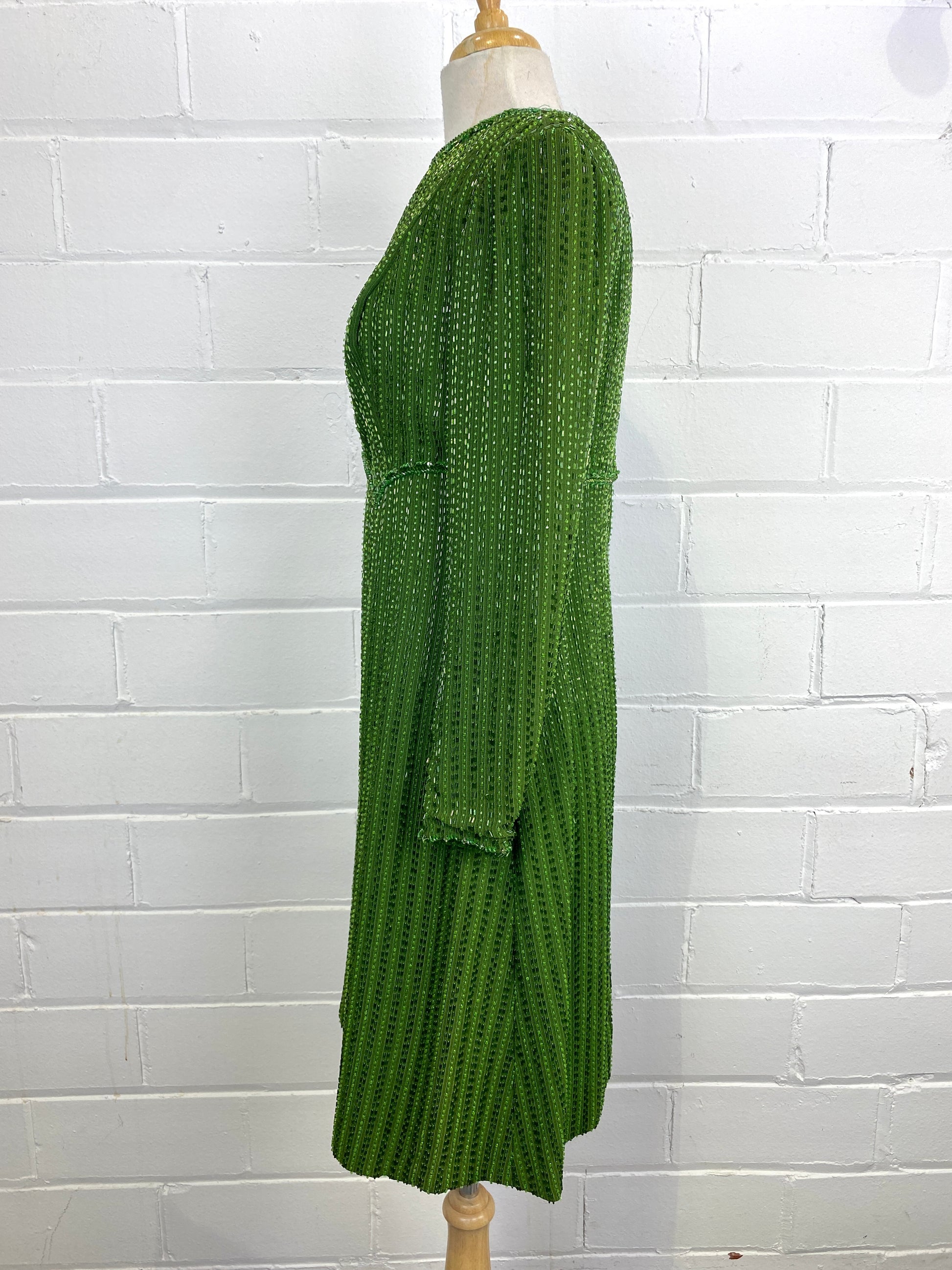 Vintage 1970s Emerald Green Fully Beaded Long-Sleeve Dress, Medium 