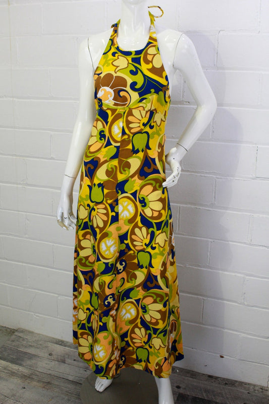 1970s yellow floral halter maxi dress A-line Vintage
