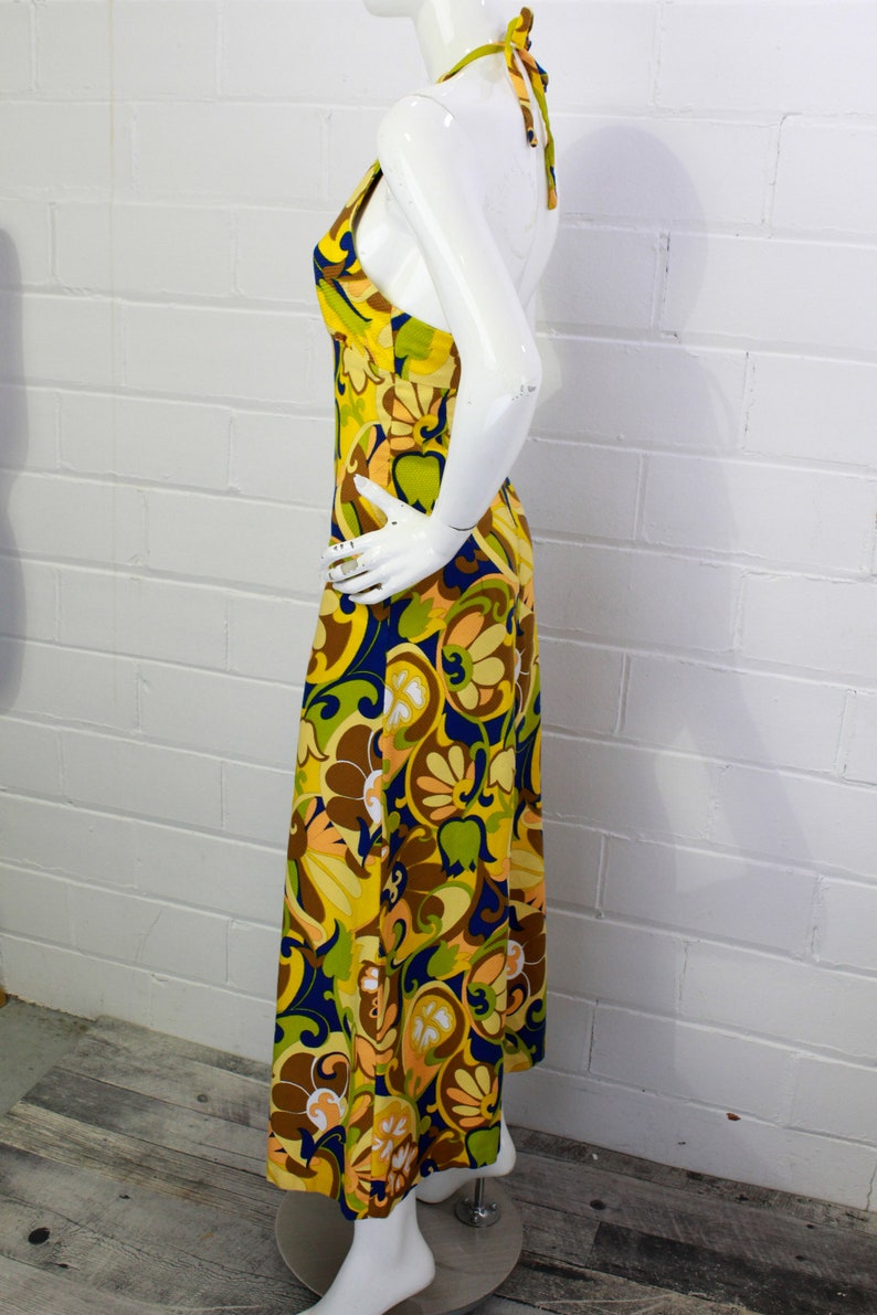 1970s yellow floral halter maxi dress A-line Vintage